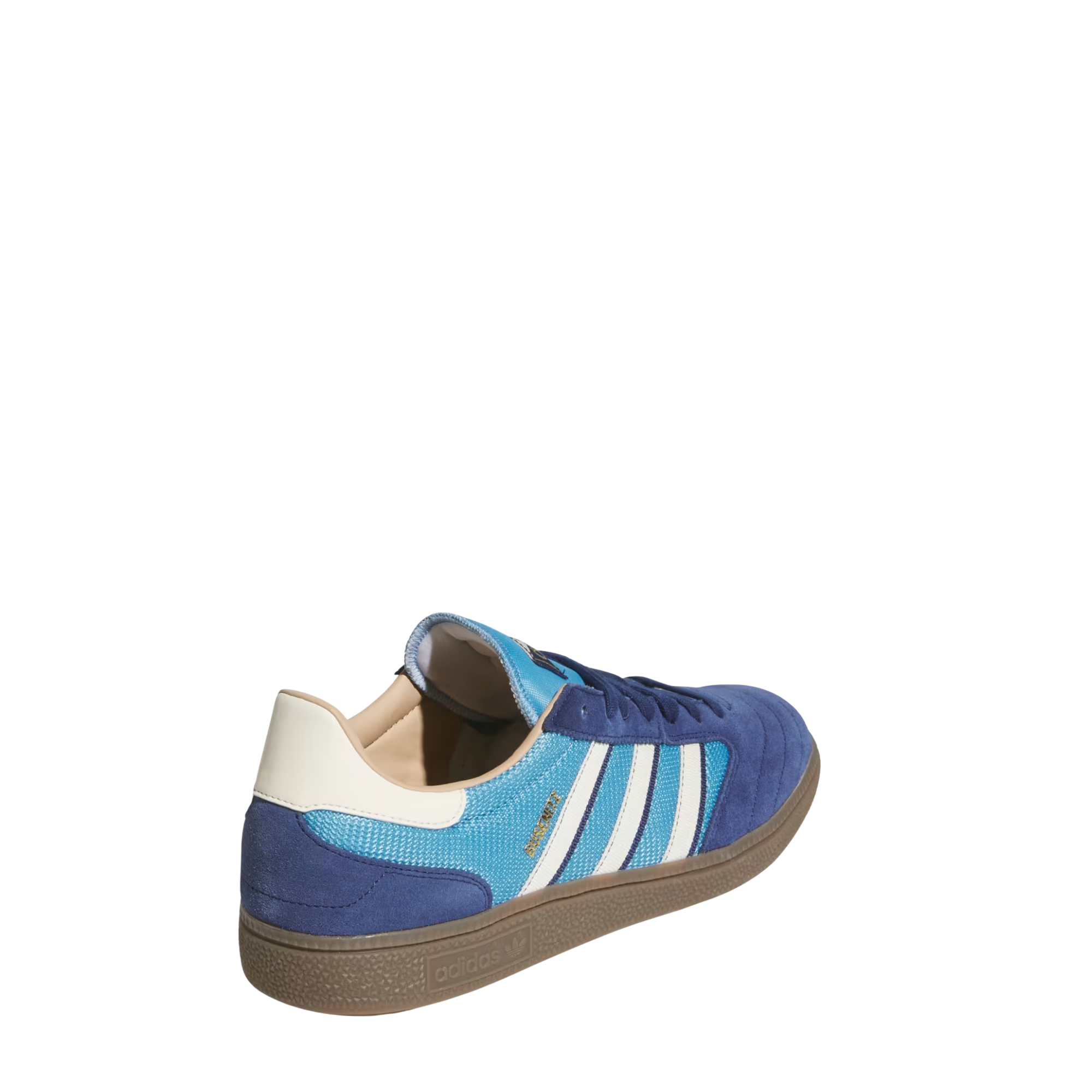navy and bright blue adidas men's busenitz vintage skateboard shoes with white stripes and a gum sole on a white background