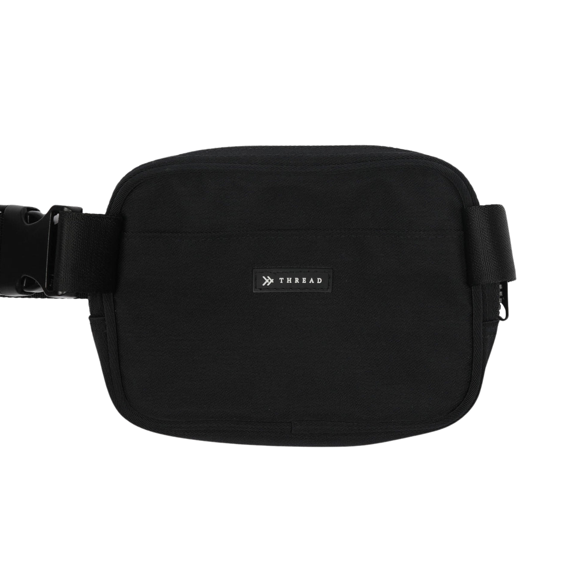 Black thread belt bag with a visible brand logo on a white background