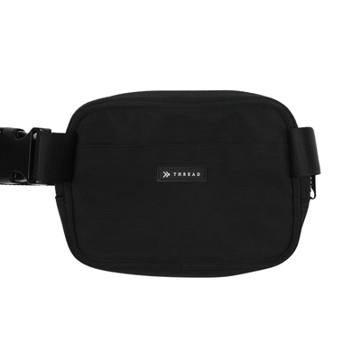 Black thread belt bag with a visible brand logo on a white background