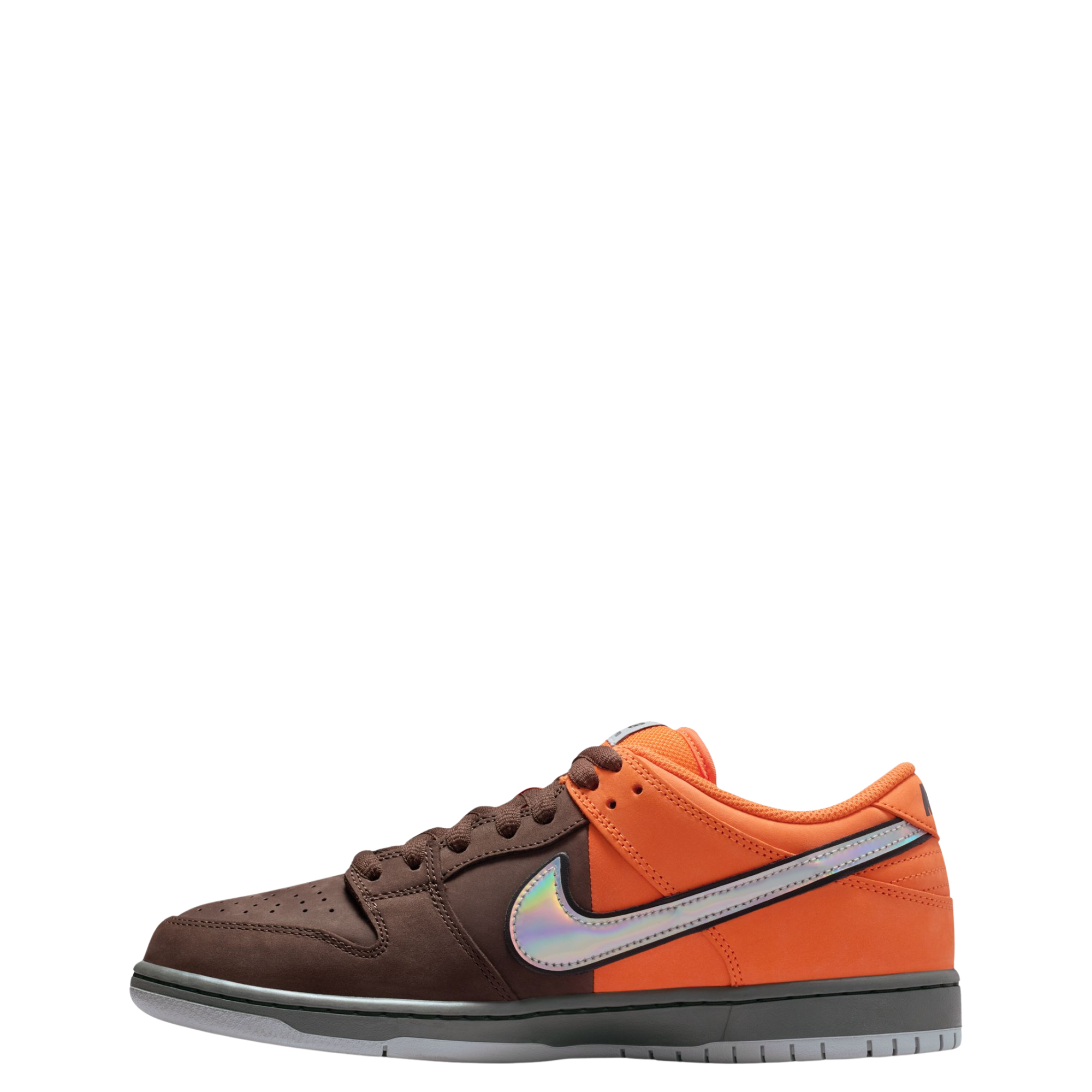 Orange and brown nike sb dunk low pro muni fast pass sneaker with a colorful swoosh logo on a white background