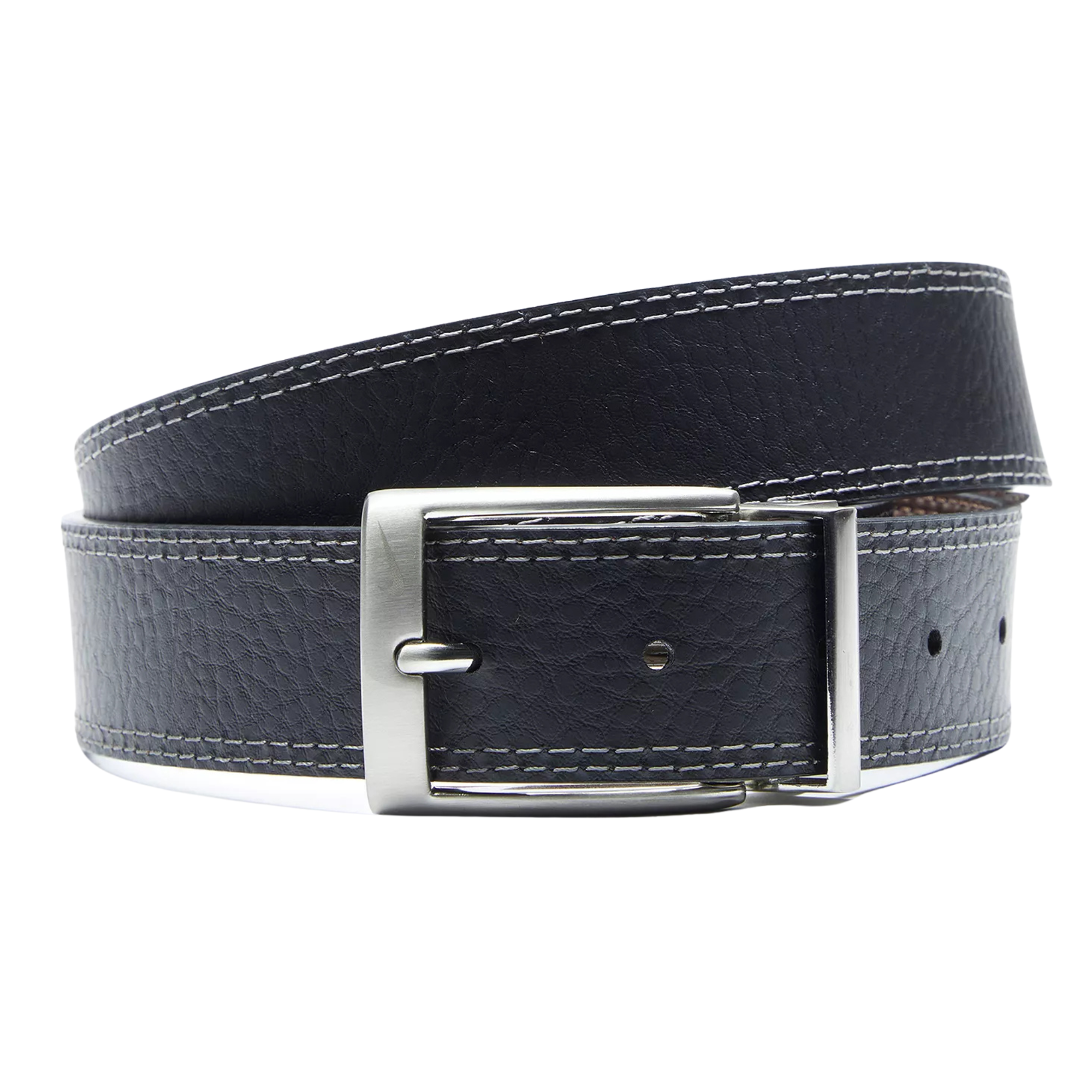 Black nike leather belt with a silver buckle on a white background