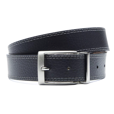 Black nike leather belt with a silver buckle on a white background