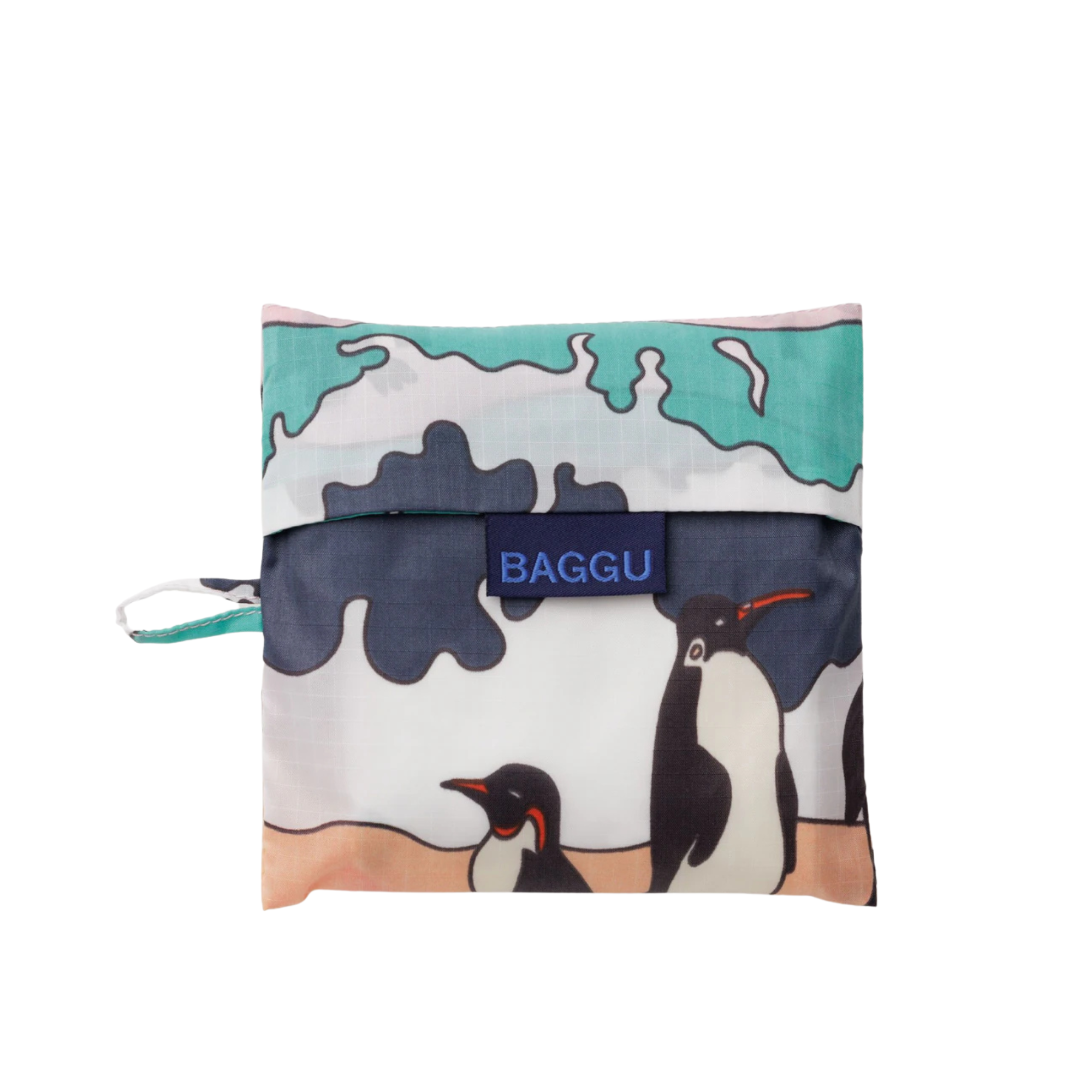 Reusable baggu bag with penguin design on a white background
