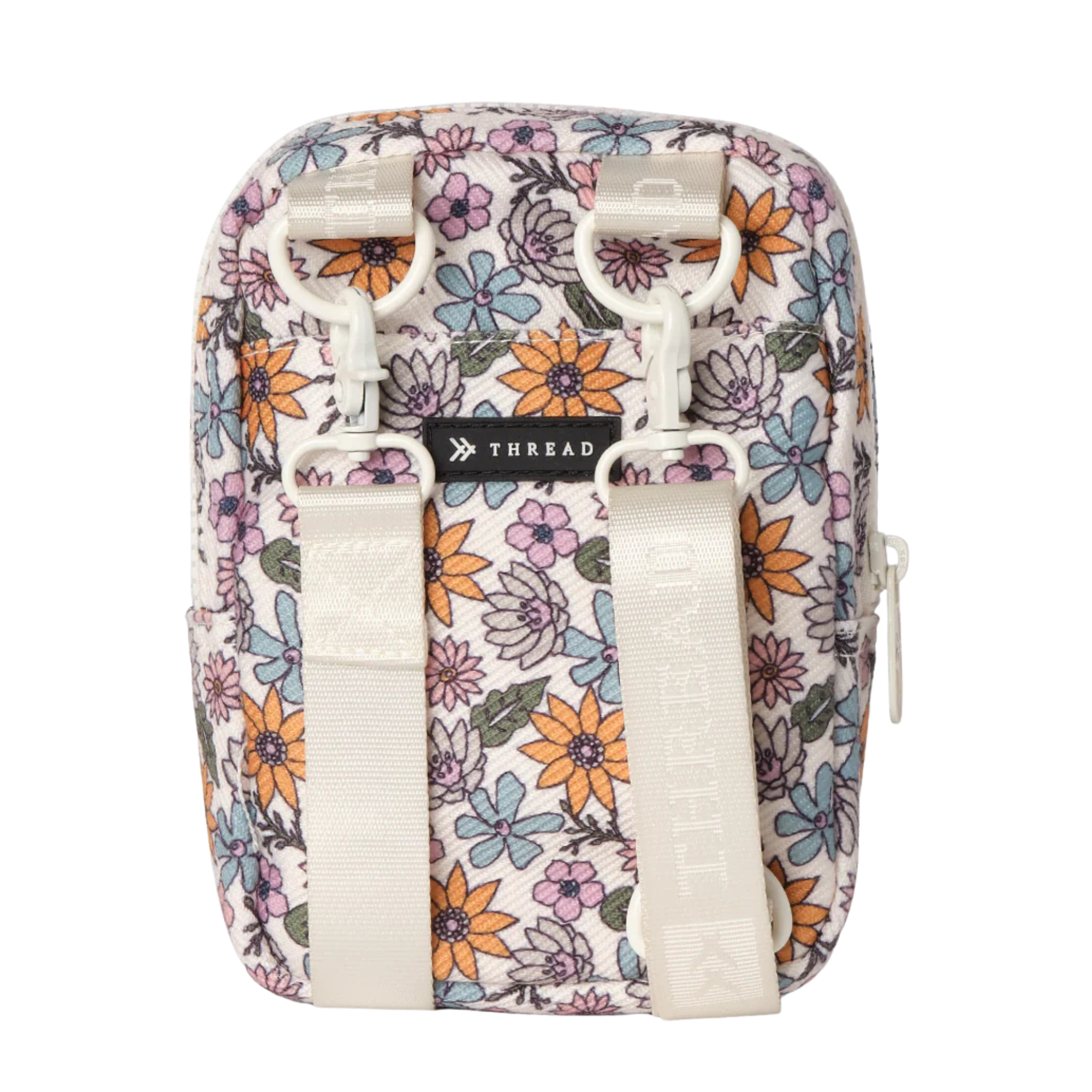 Floral-patterned thread crossbody bag on a white background