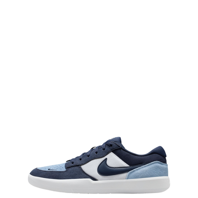 Navy and light blue NIKE SB FORCE 58 men's and women's sneaker with a white sole on a white background