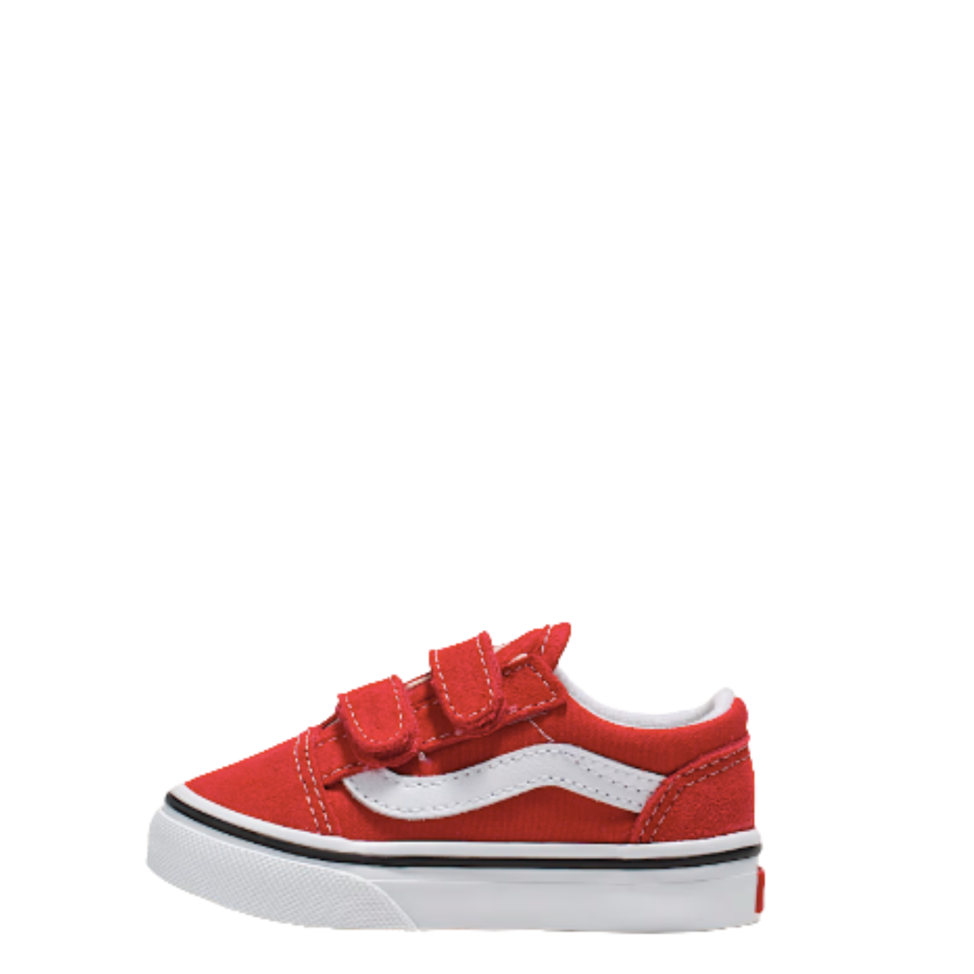 Red and white vans old skool toddler sneaker with velcro straps on a white background