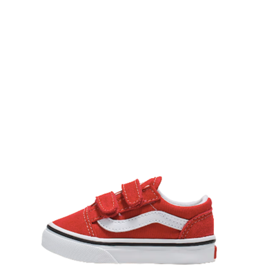 Red and white vans old skool toddler sneaker with velcro straps on a white background