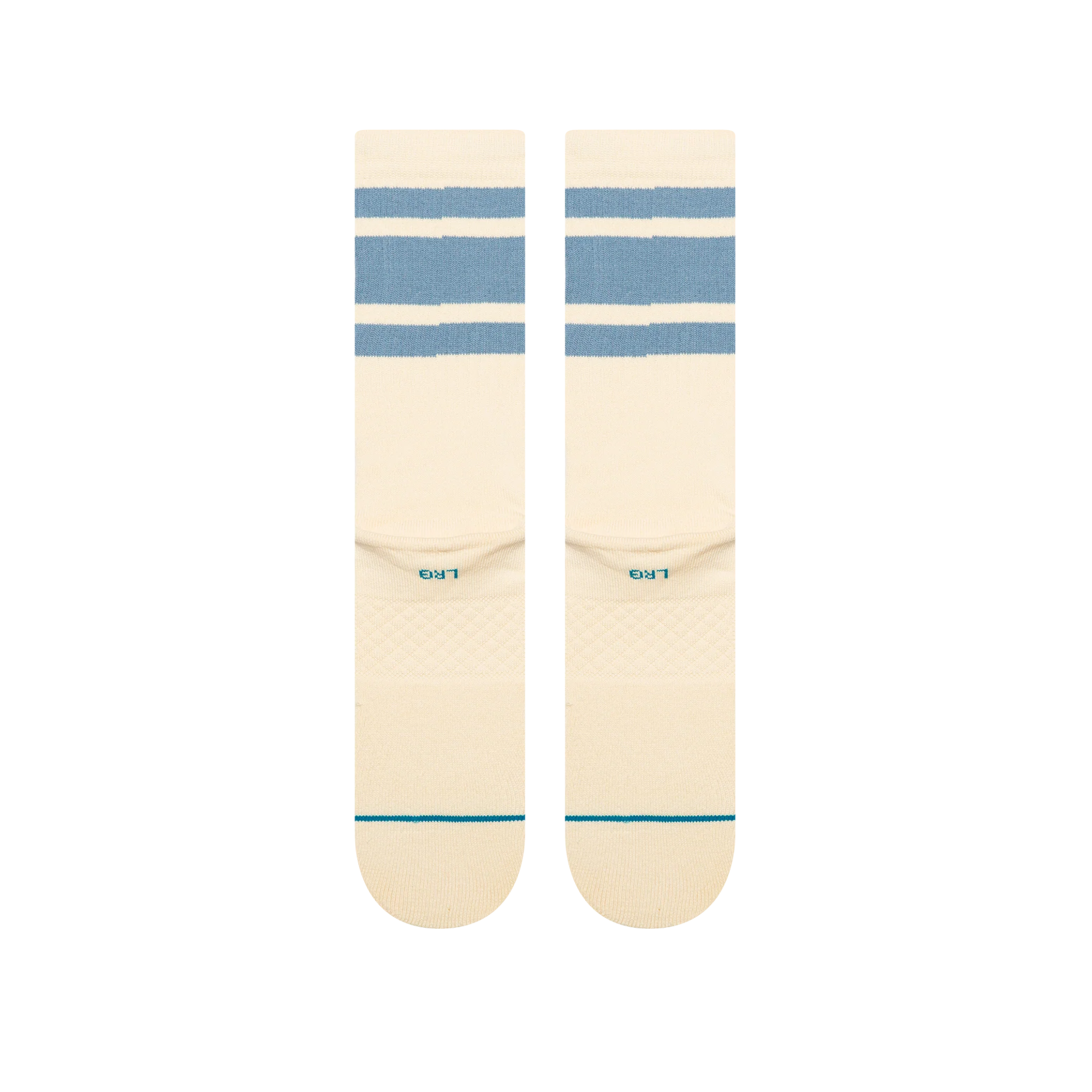 A pair of Stance got sol crew socks in cream with light blue horizontal stripes near the cuff, a small yellow logo on the side, and teal lettering on the toes, shown against a plain white background.