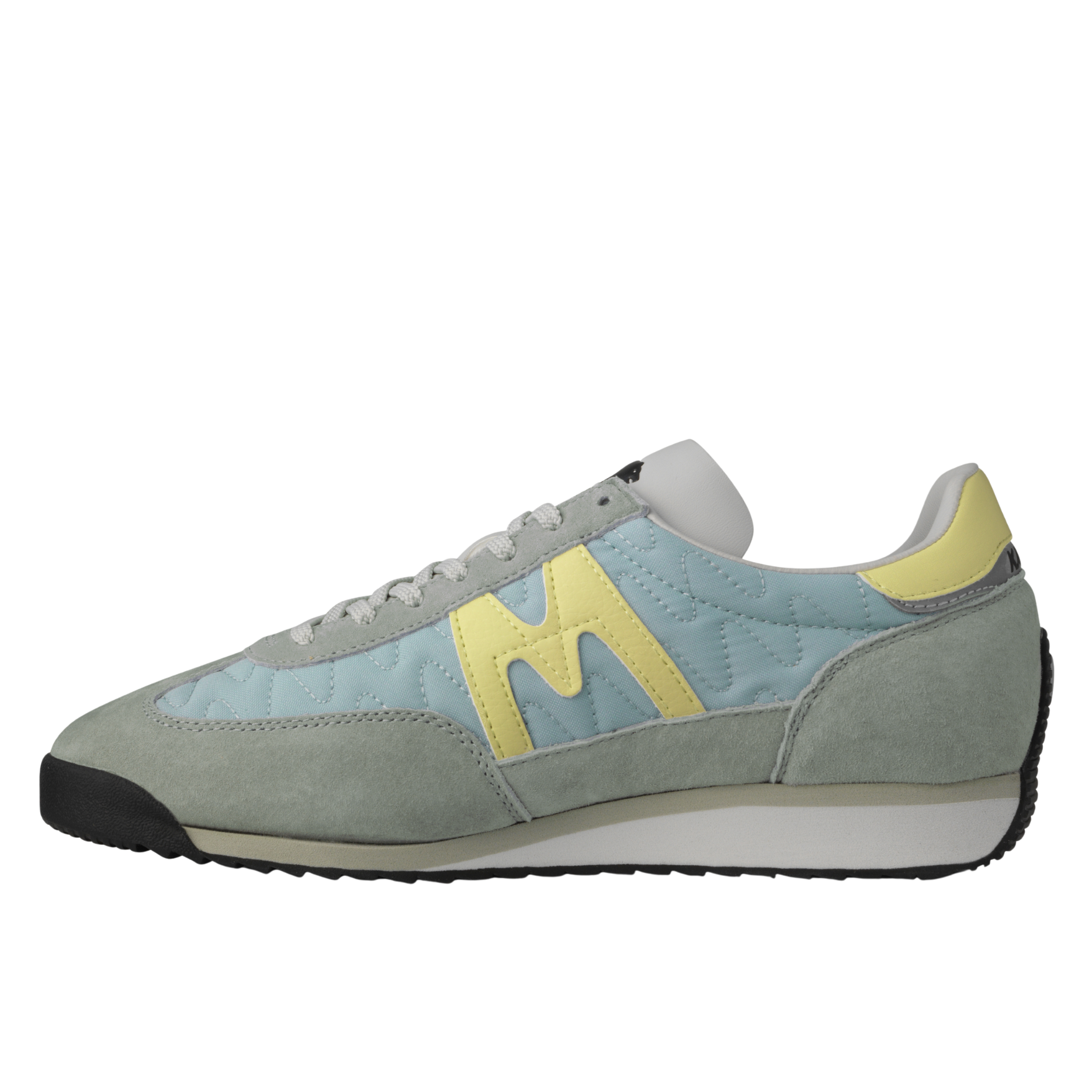 grey and blue karhu mestari Sneaker with a yellow 'M' logo on a white background