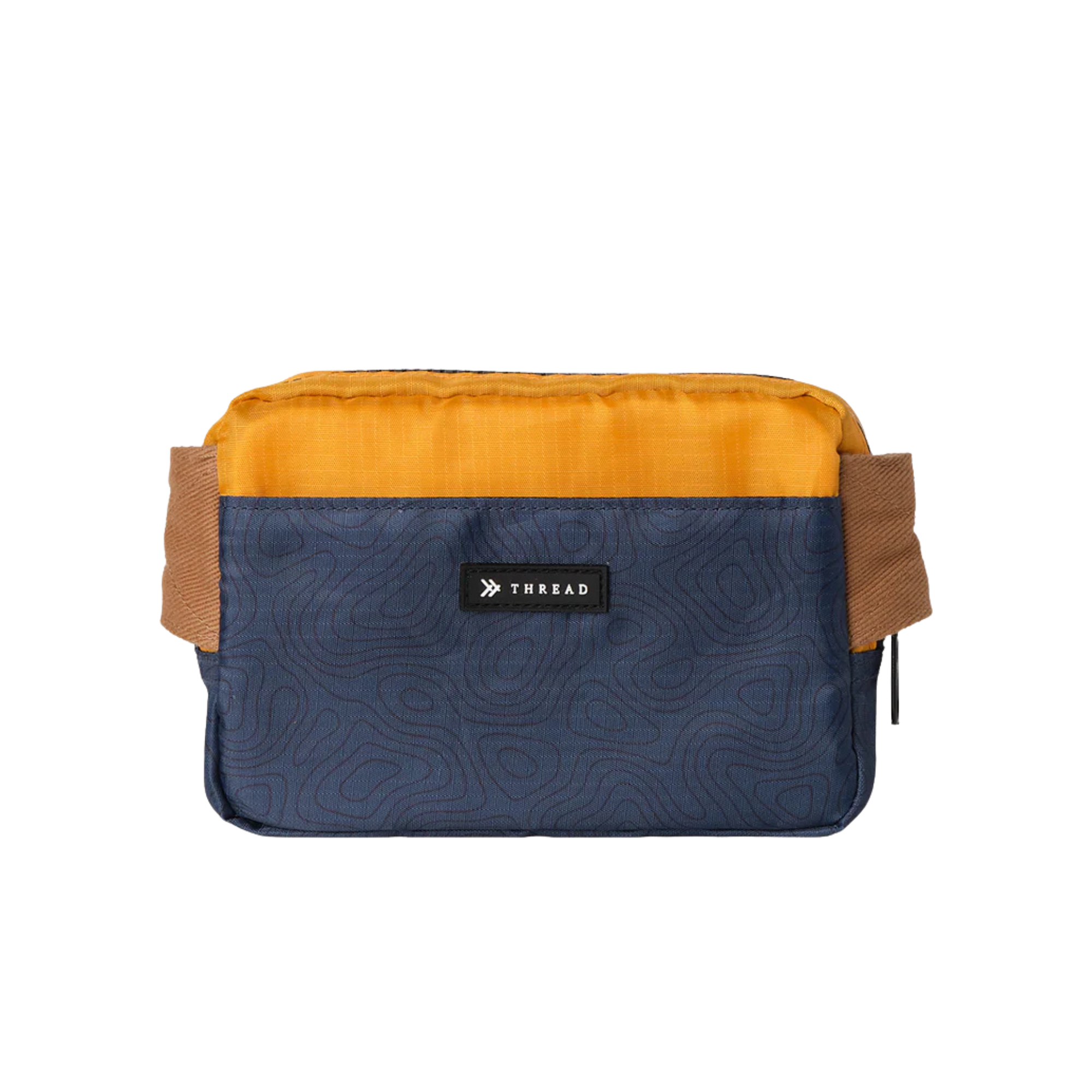 Multicolored thread belt bag with a visible brand logo on a white background