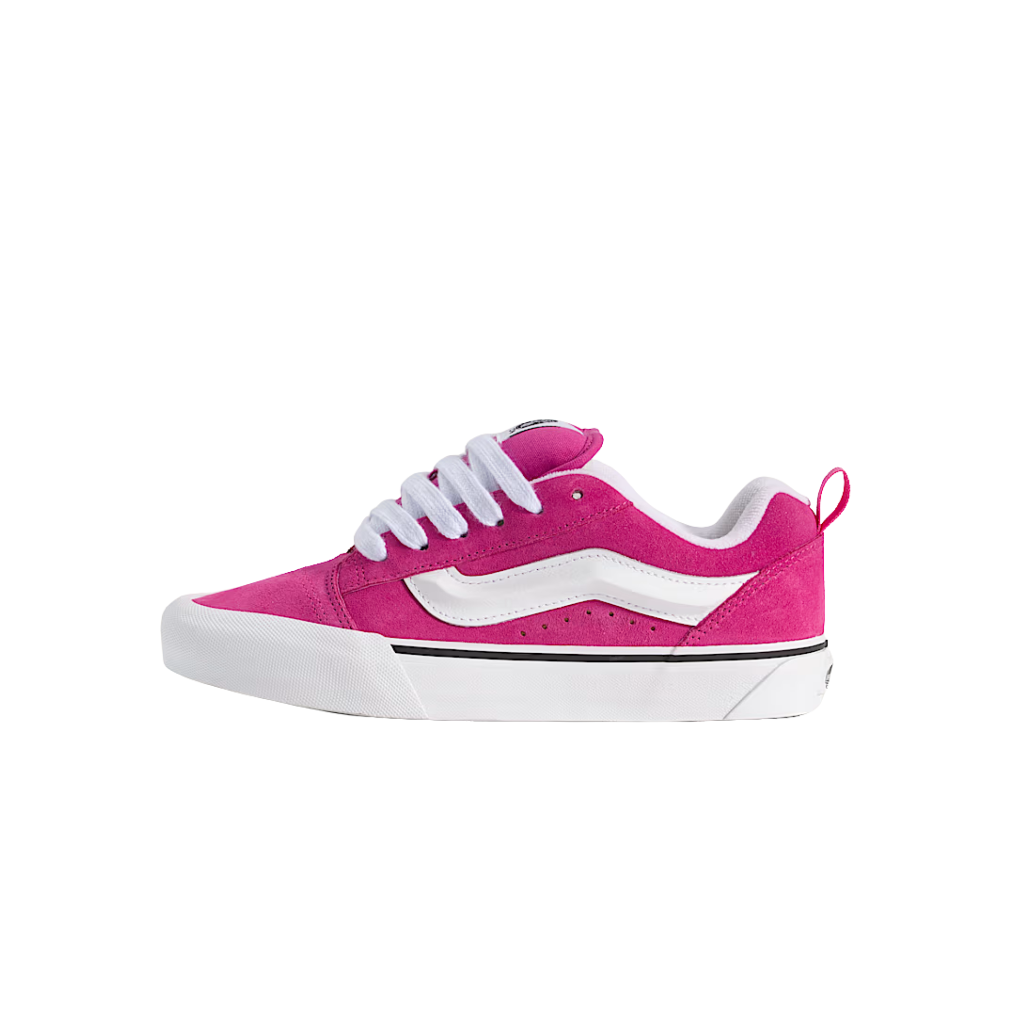 Pink vans knu skool women's sneaker with white laces on a white background
