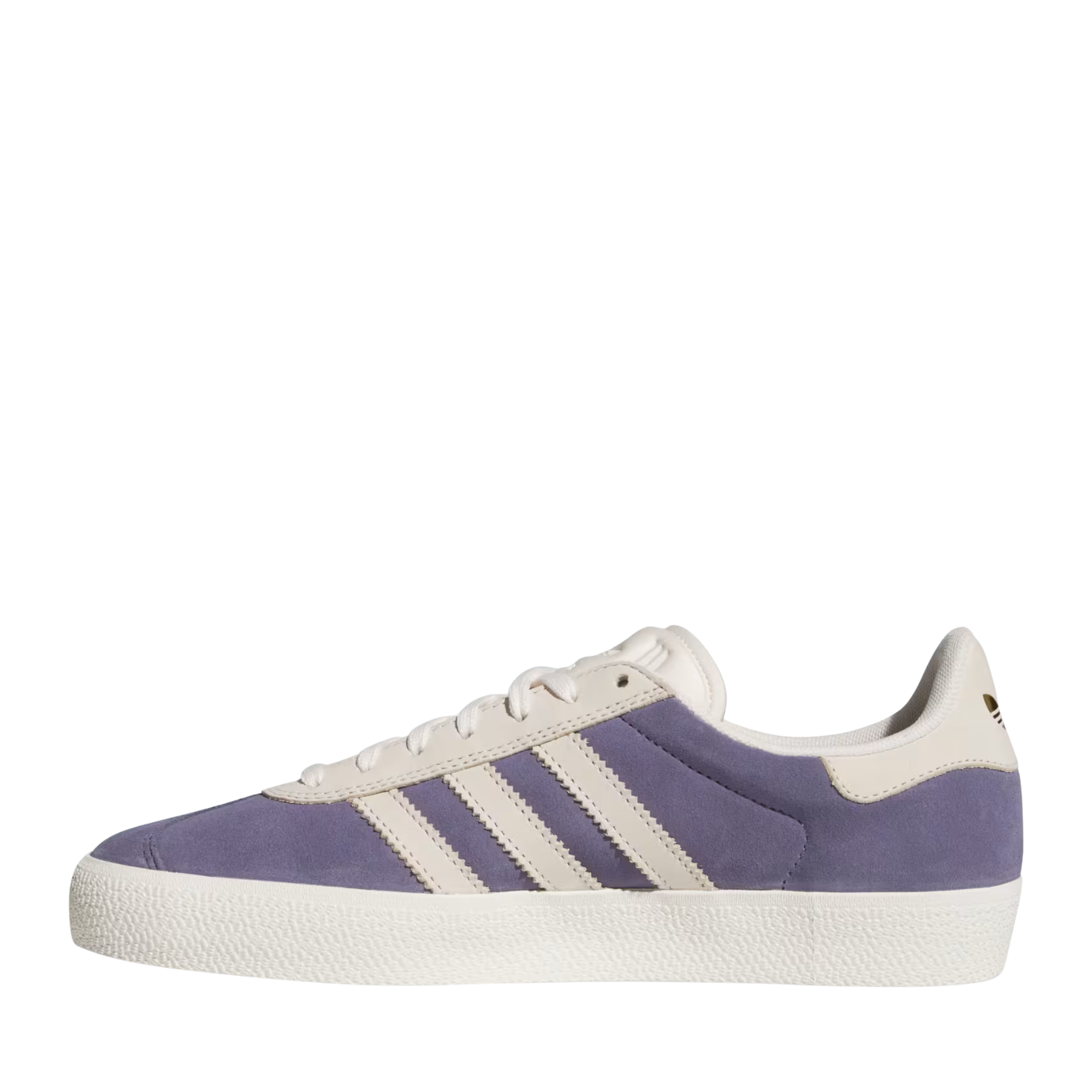 purple adidas gazelle adv skateboard shoe with white stripes on a white background