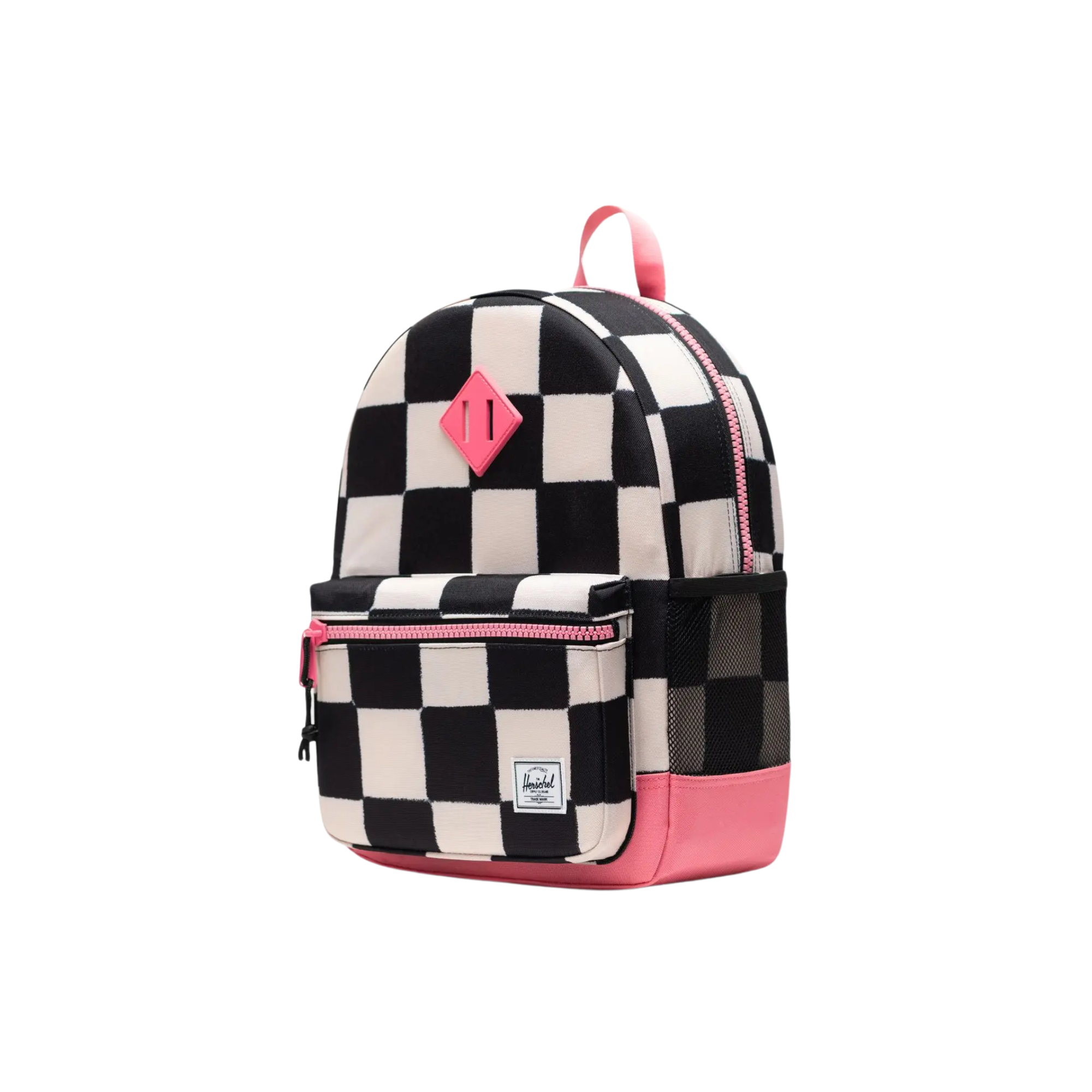 black and white checkerboard herschel kids heritage backpack with pink accents