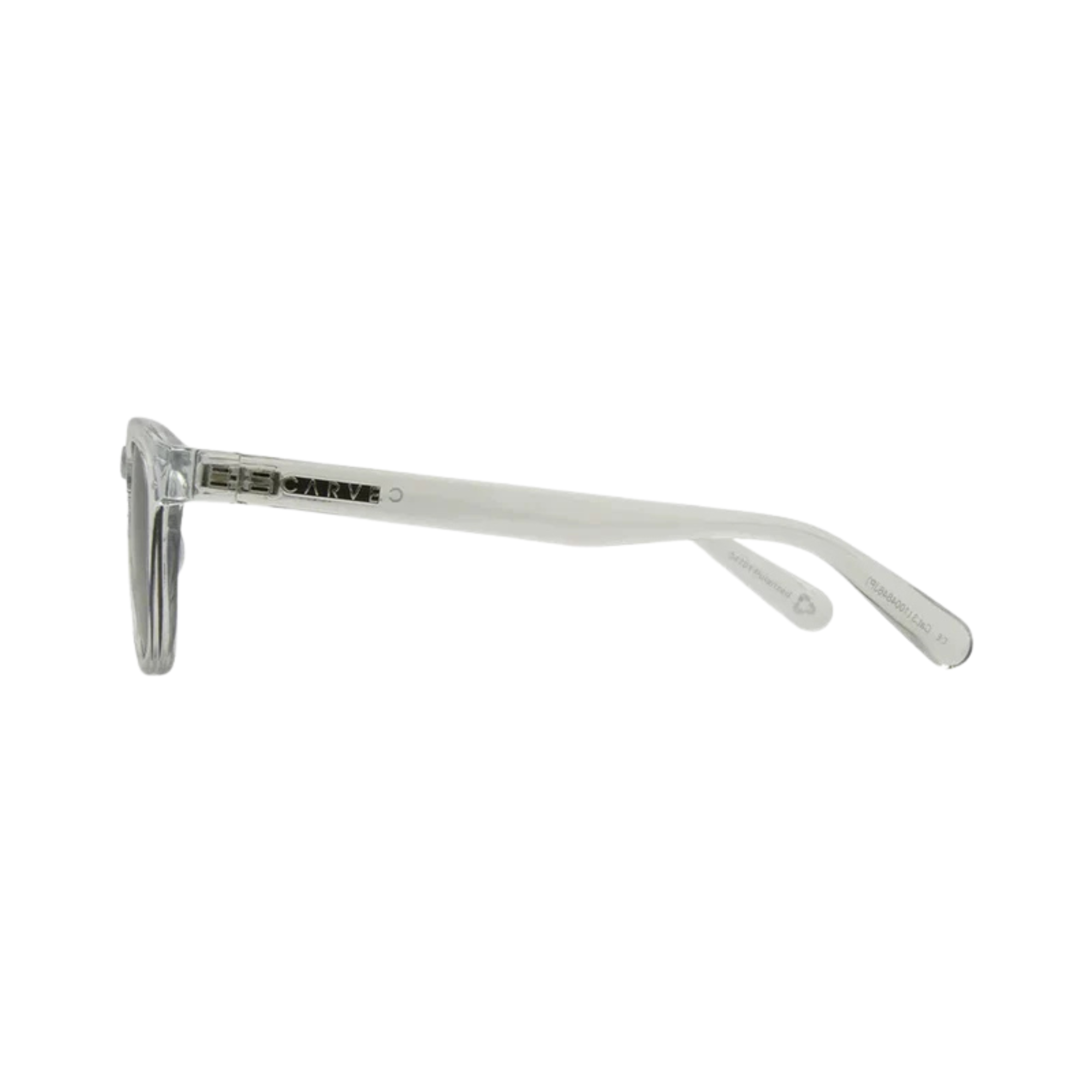 A pair of square carve usa eyewear havana sunglasses with a translucent frame and dark gray lenses, , shown in a side profile view against a white background.