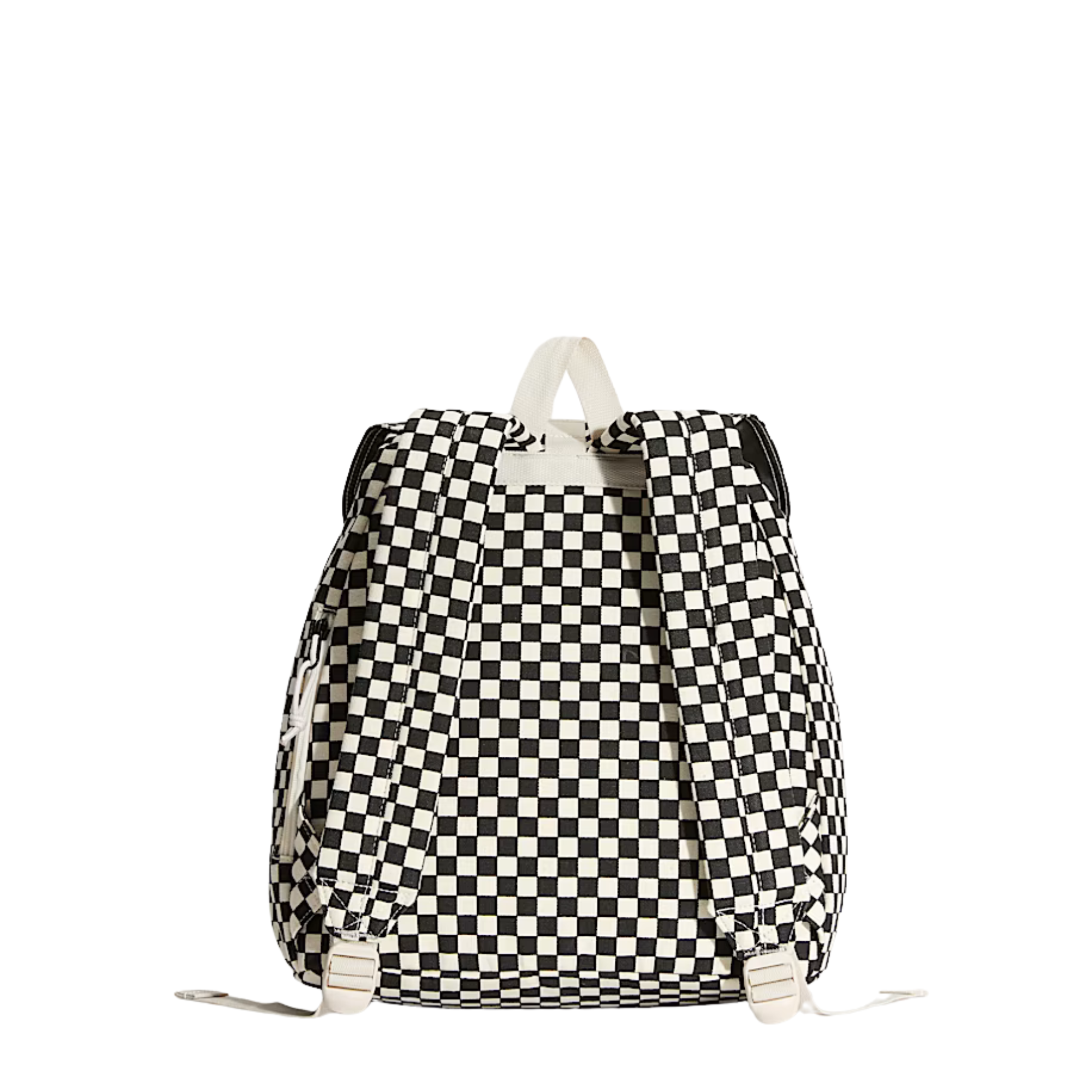 A black and white vans scatter checkerboard patterned backpack with a cream-colored top handle and front strap closure, shown against a plain white background.