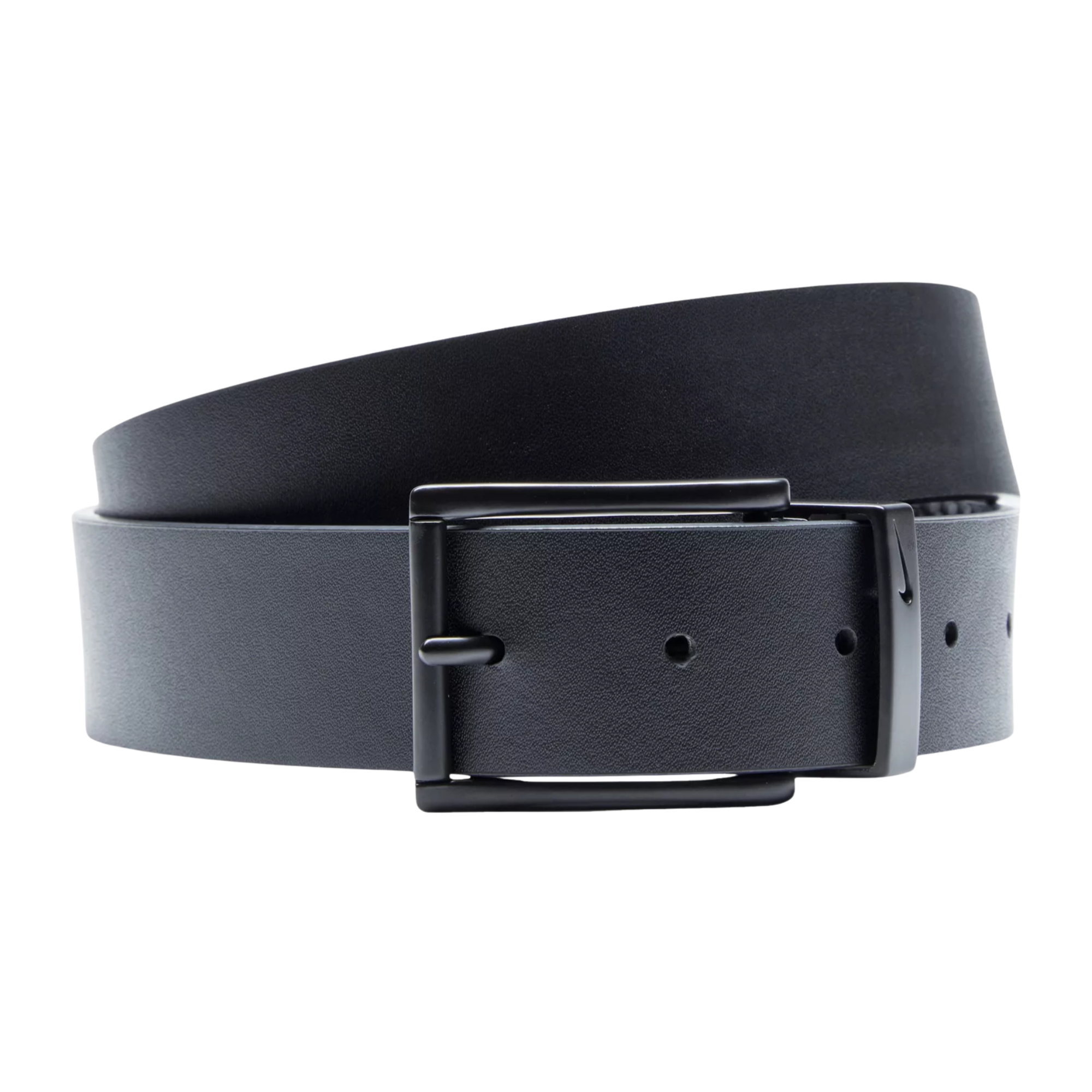 Black and grey carbon fiber pattern nike belt with a black buckle on a white background