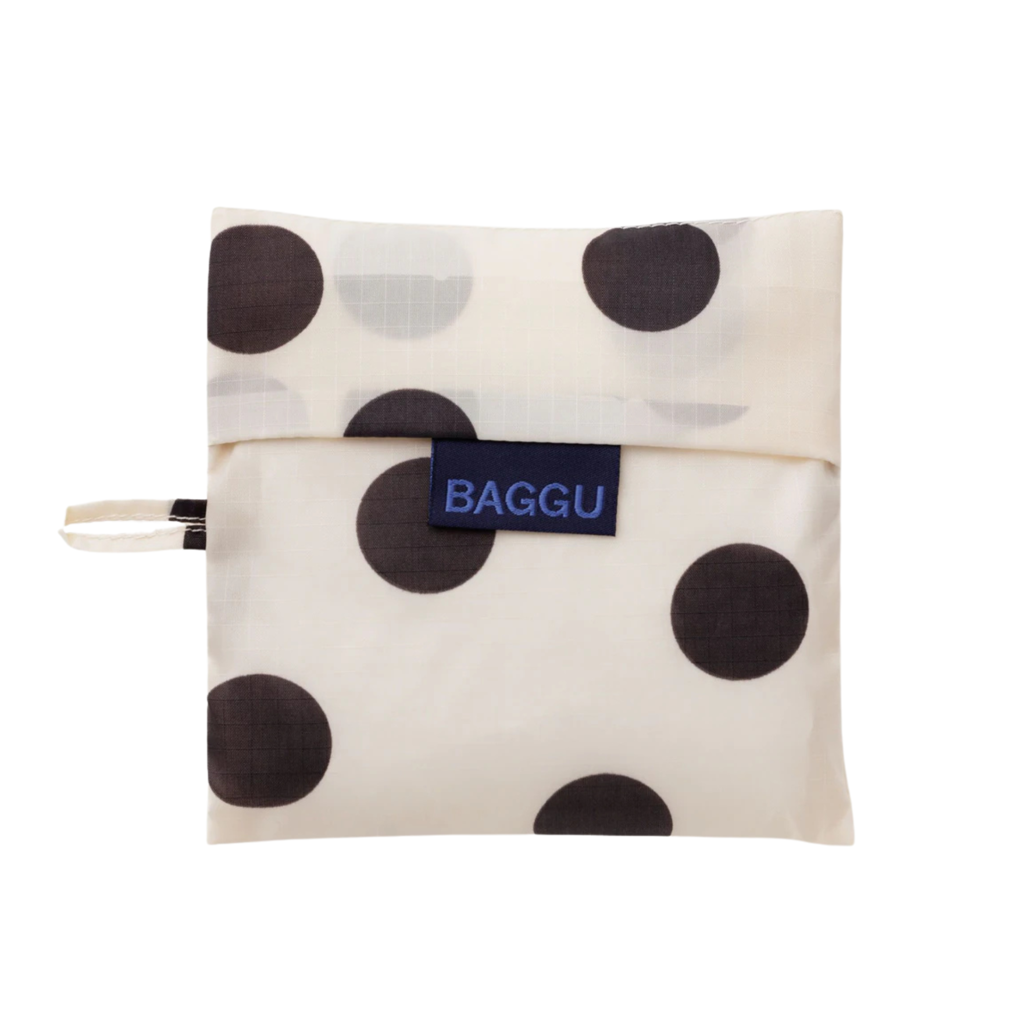 cream colored standard baggu reusable tote with black polka dots on a white backgroun