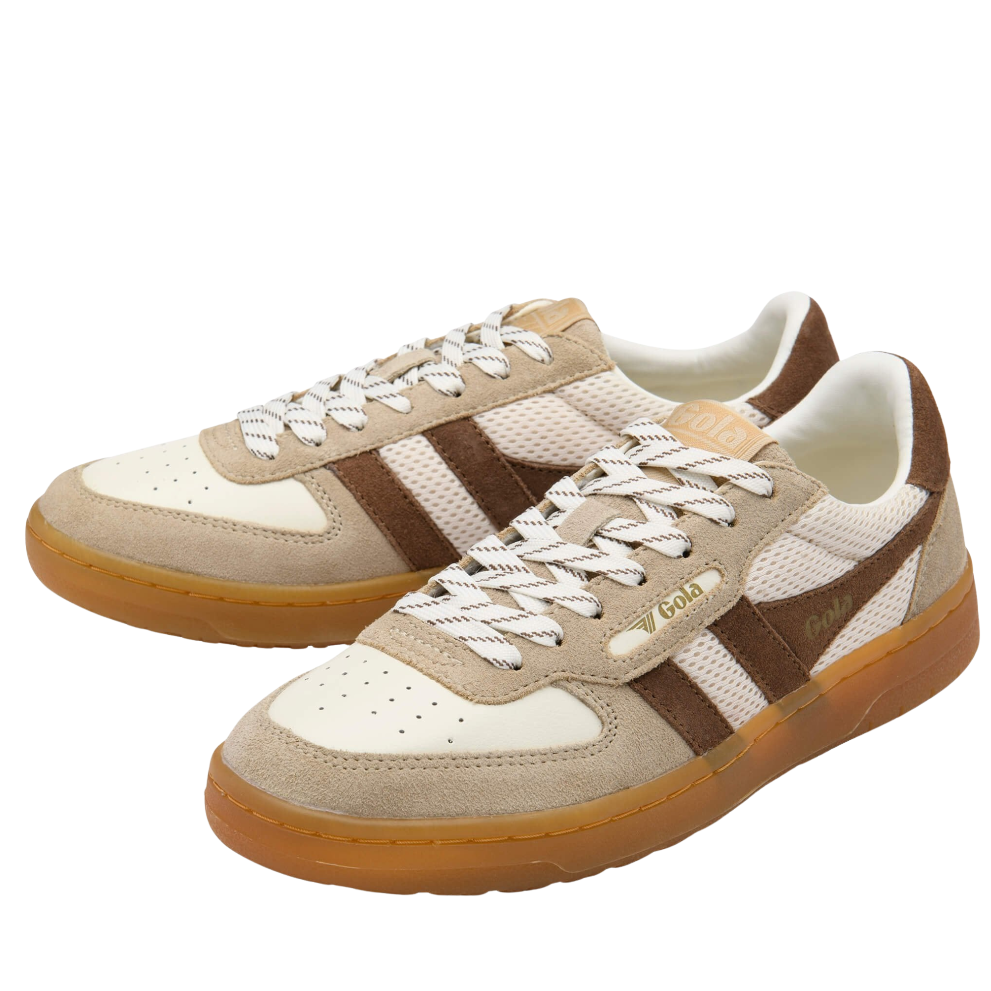 off white, tan and brown gola women's hawk '83 sneaker with gum sole on a white background