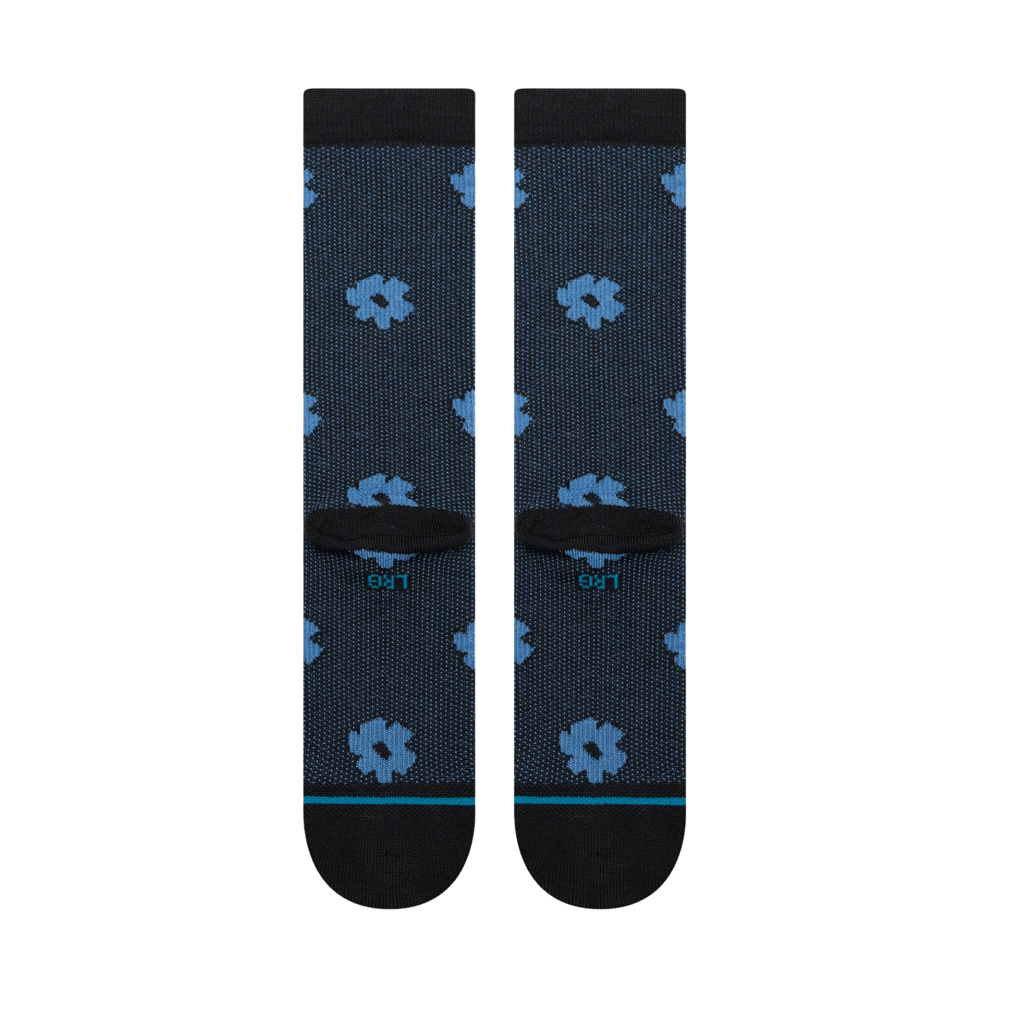 stance digital daisy crew socks with a black and blue floral pattern on a white background