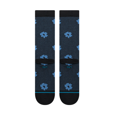 stance digital daisy crew socks with a black and blue floral pattern on a white background