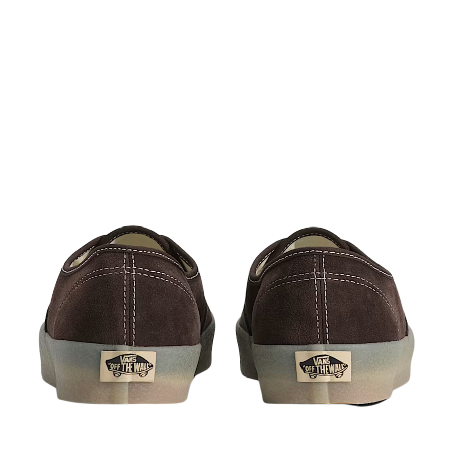dark brown vans authentic sneaker with a crepe soleon a white background