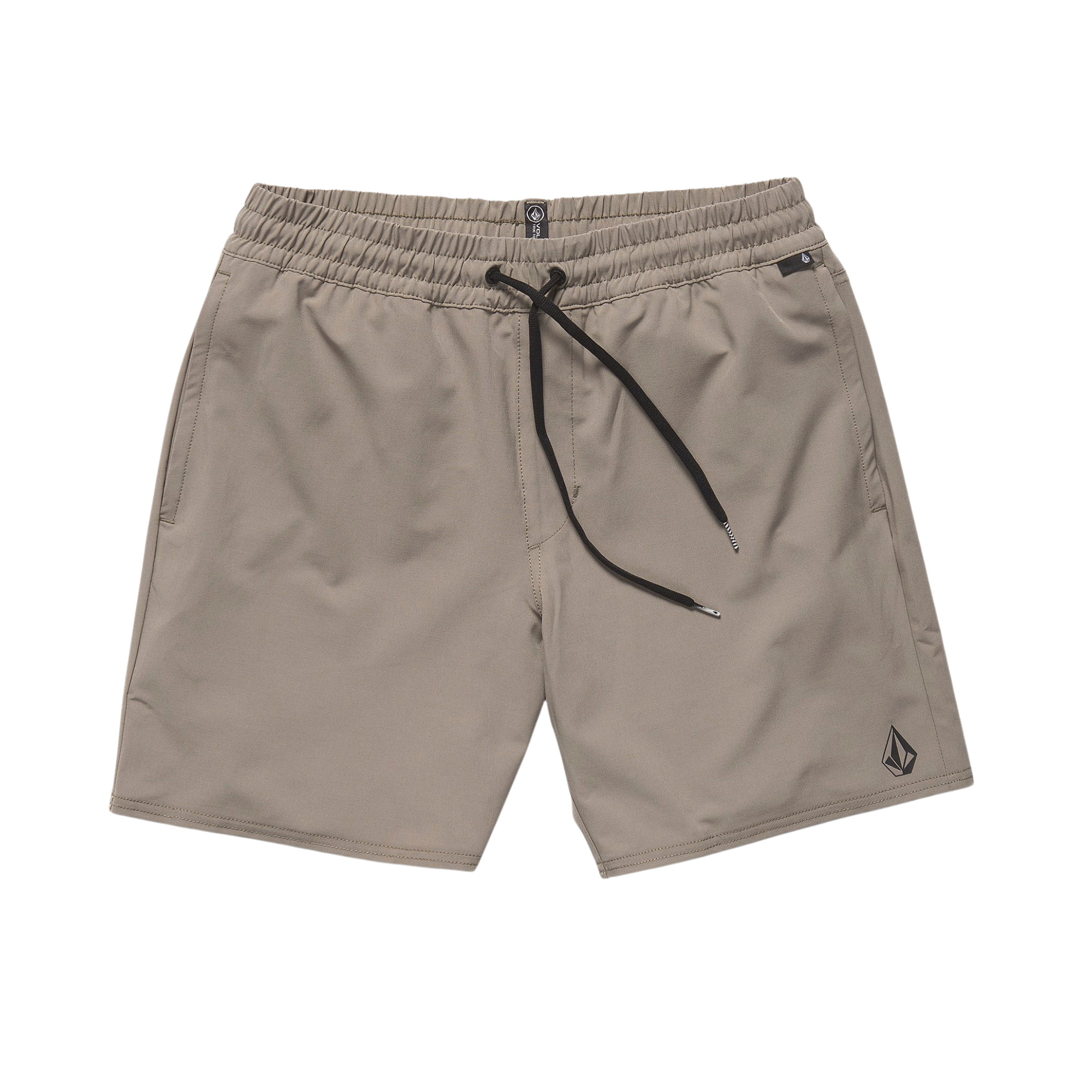 TAN volcom nomaly elastic waist shorts on a white background