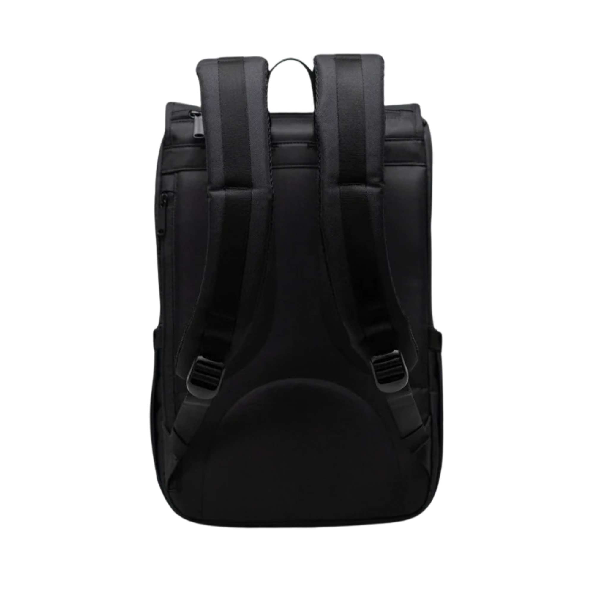 back of a black herschel little america backpack with tan straps on a white background