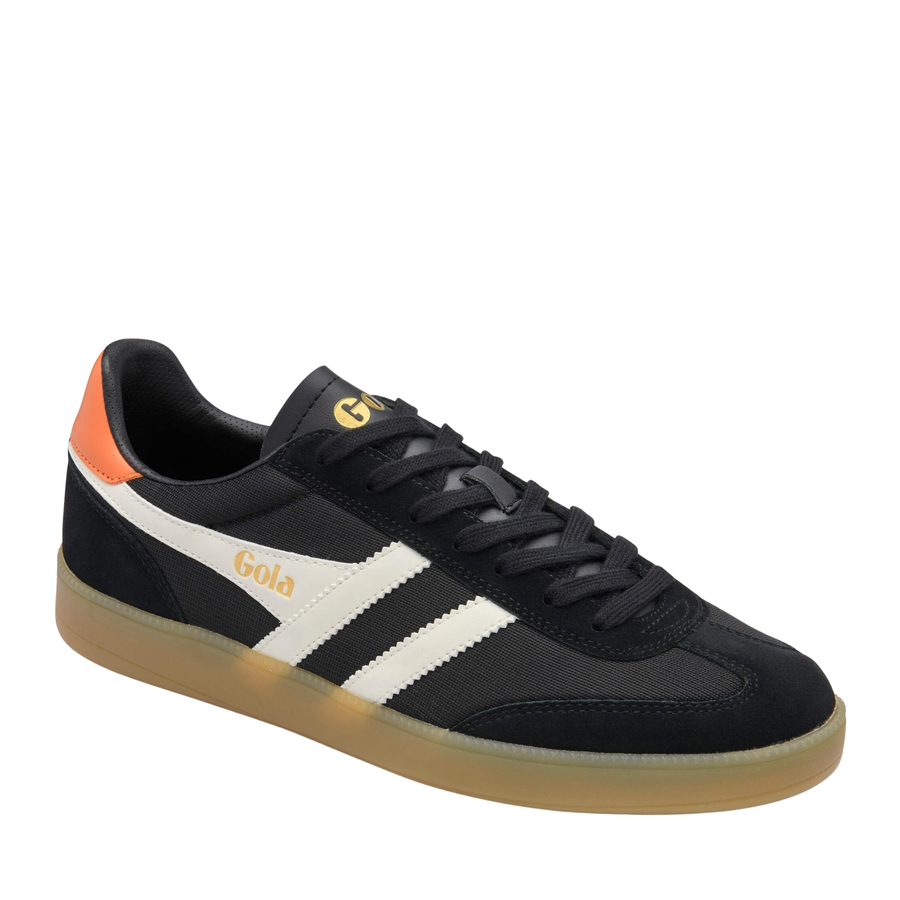 Black gola men's viper mesh sneaker with orange accents and white stripes on a white background