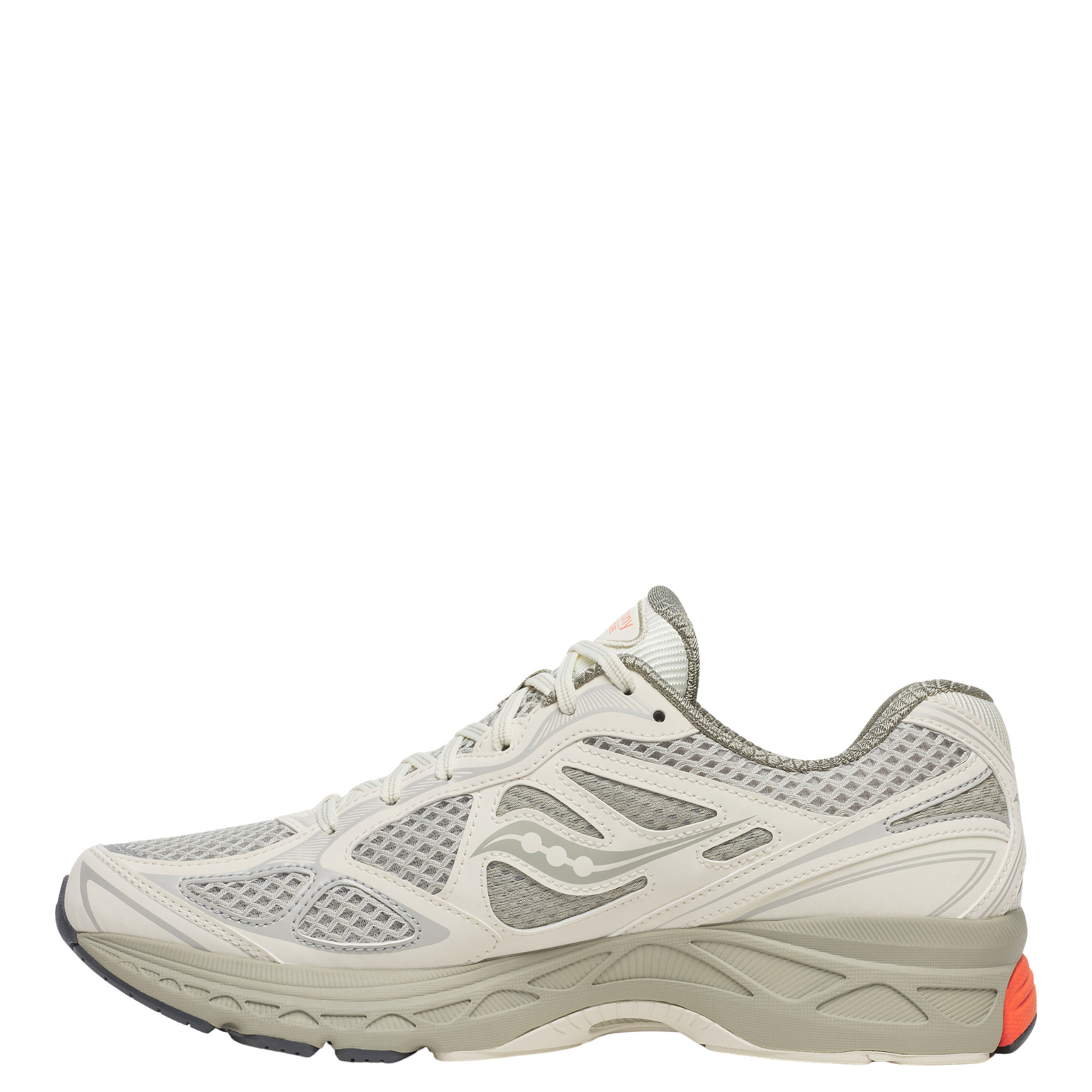 Gray tan saucony progrid guide 7 running shoe with orange sole on a white background