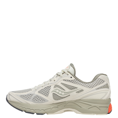 Gray tan saucony progrid guide 7 running shoe with orange sole on a white background