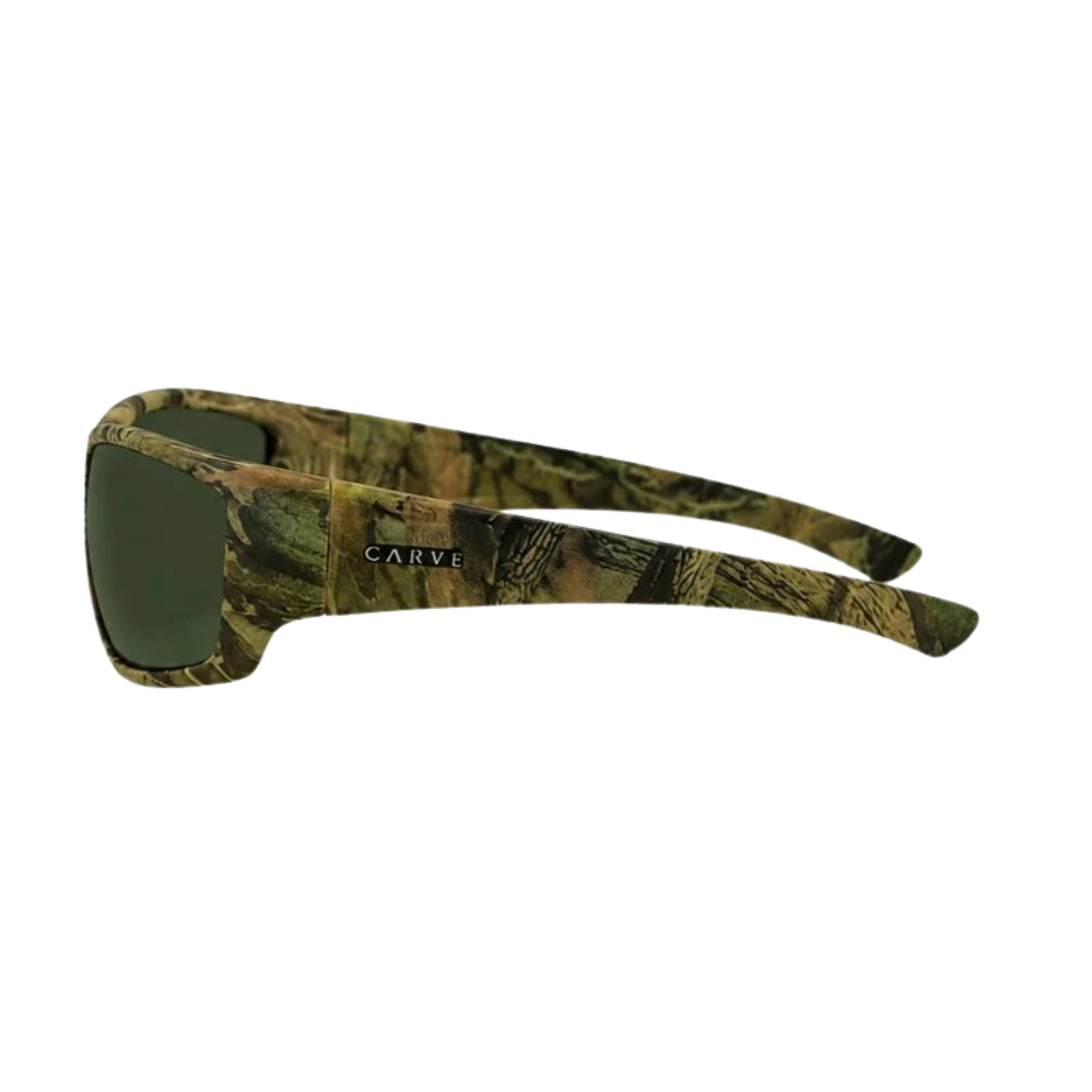 Square carve usa eyewear moray sunglasses with a green-tinted lens and a camouflage-patterned frame in shades of green, brown, and black, shown against a plain white background.