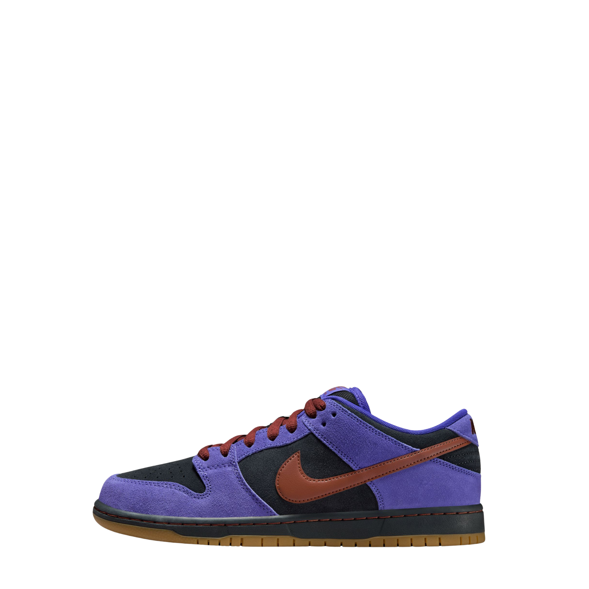 Purple nike sb dunk low sneaker with dark red and black accents on a white background
