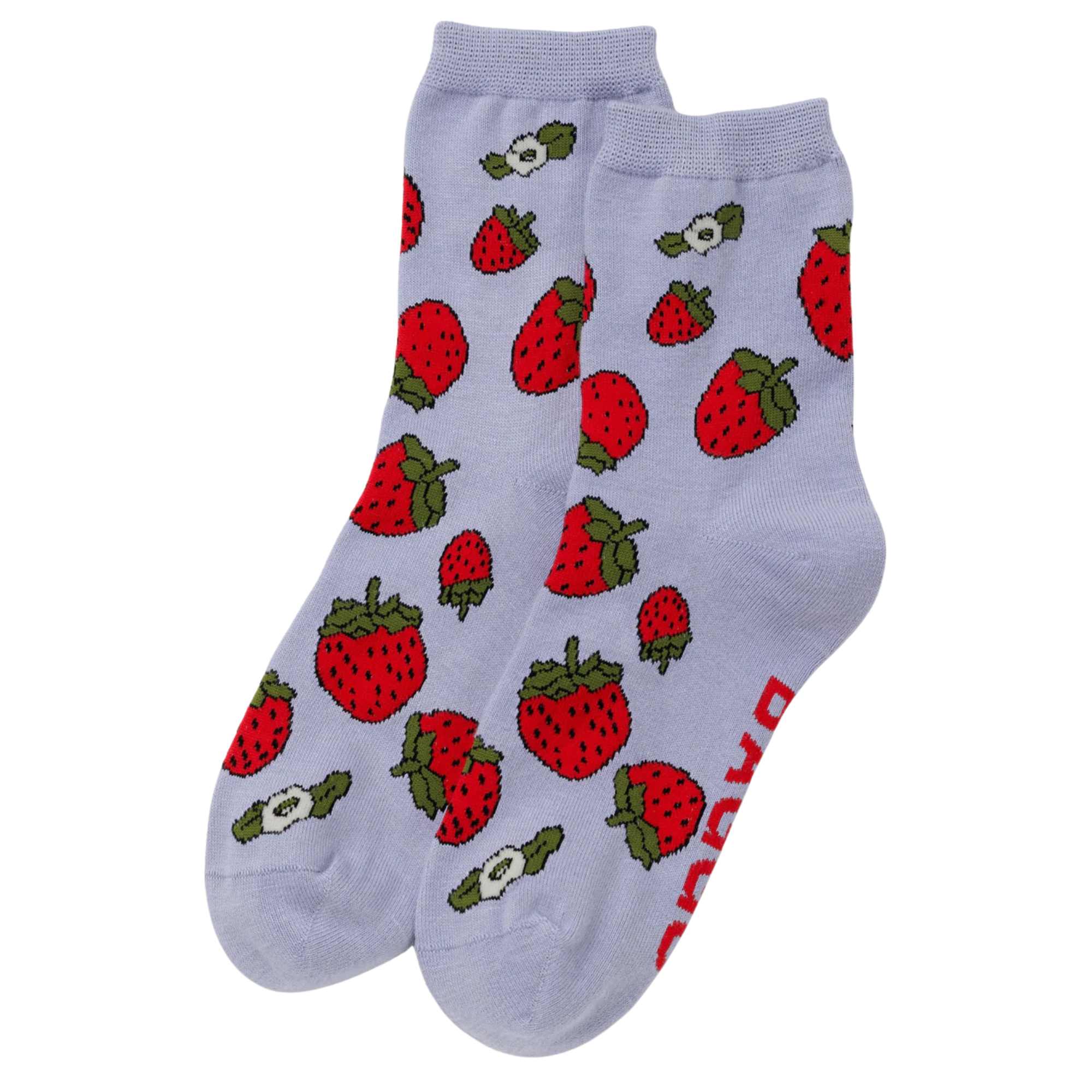 Light blue baggu crew socks with red strawberry pattern on a white background