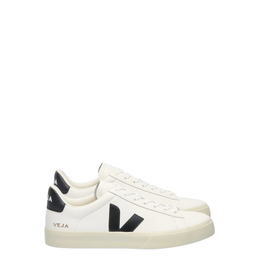 white veja campo leather shoes with black V and off white sole on a white background
