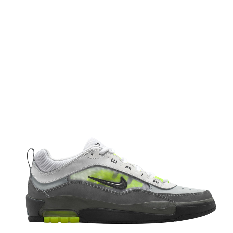 Gray and black nike sb air max ishod wair sneaker with neon green accents on a white background