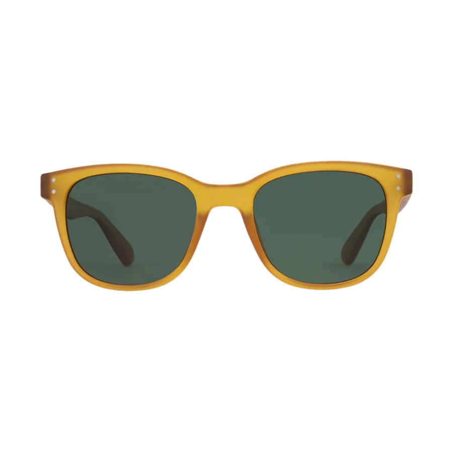 A pair of square carve usa eyewear homeland sunglasses with a translucent amber-yellow frame and dark green lenses, shown against a plain white background.