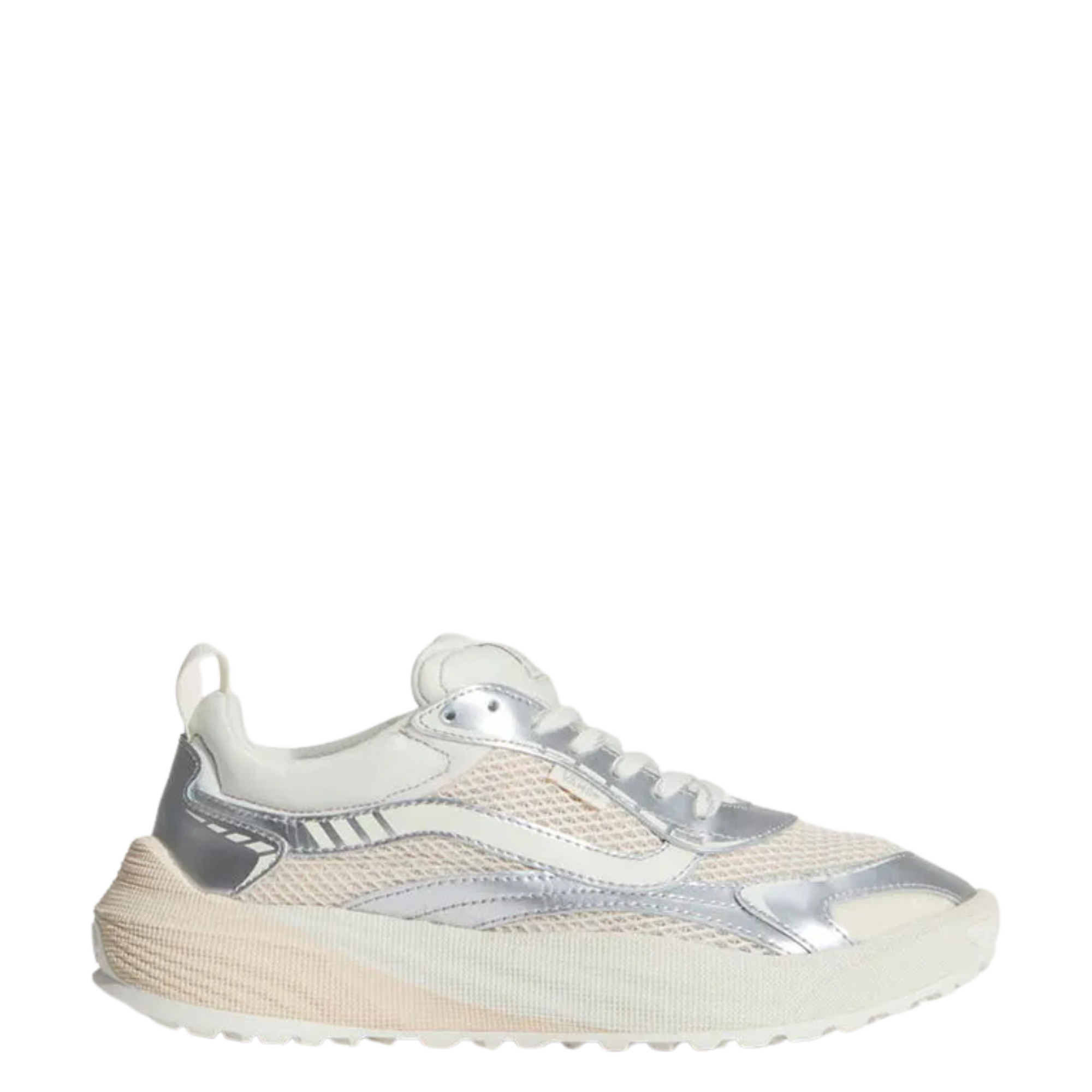 A single low-top vans ultrarange neo 2.0 sneaker shown in profile against a solid white background. The shoe features a cream-colored knit upper with metallic silver overlays, a chunky cream midsole, and white laces.