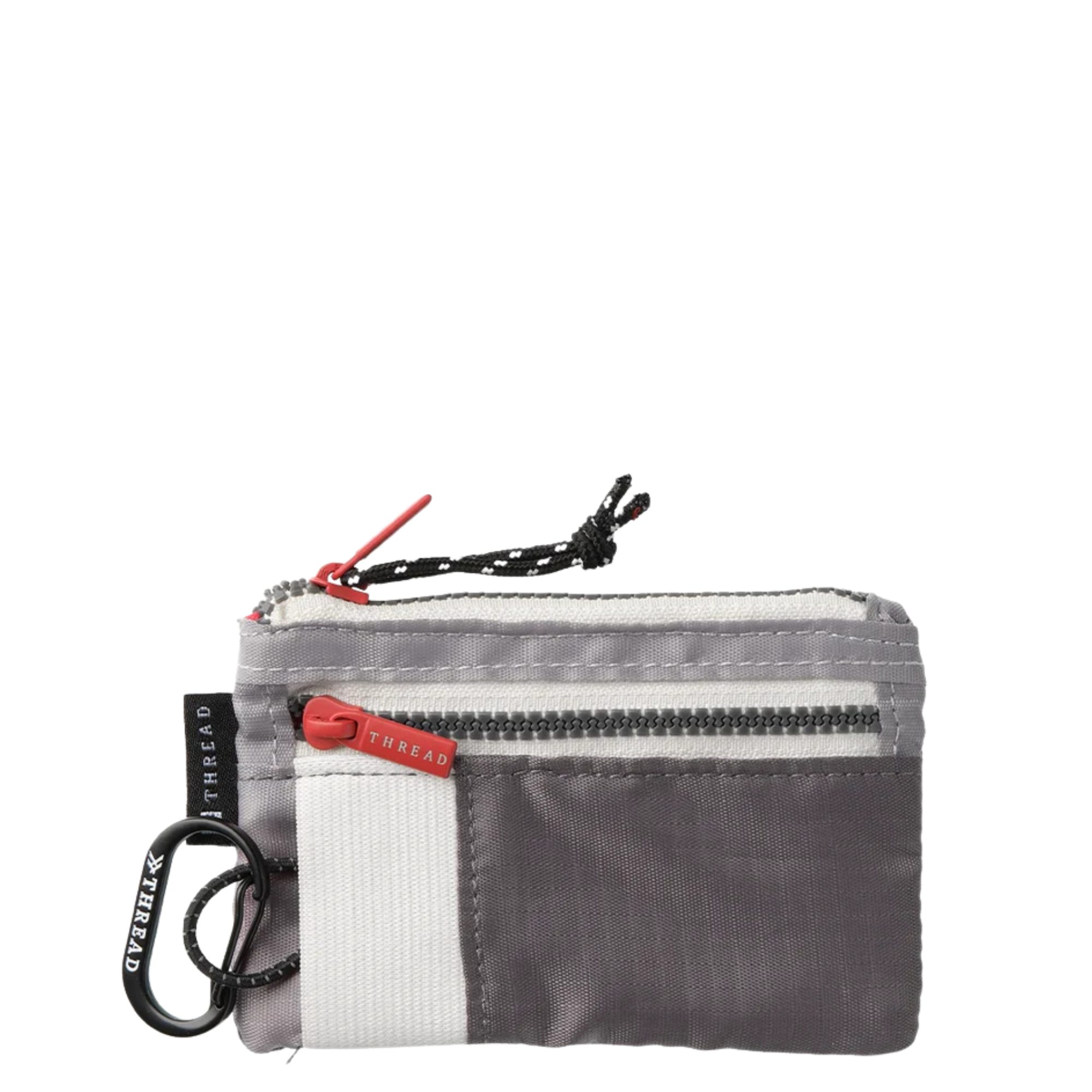 grey and white thread zipper adventure pouch wallet on a white background