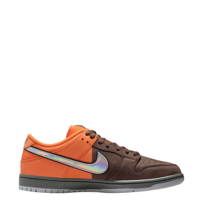 Orange and brown nike sb dunk low pro muni fast pass sneaker with a colorful swoosh logo on a white background
