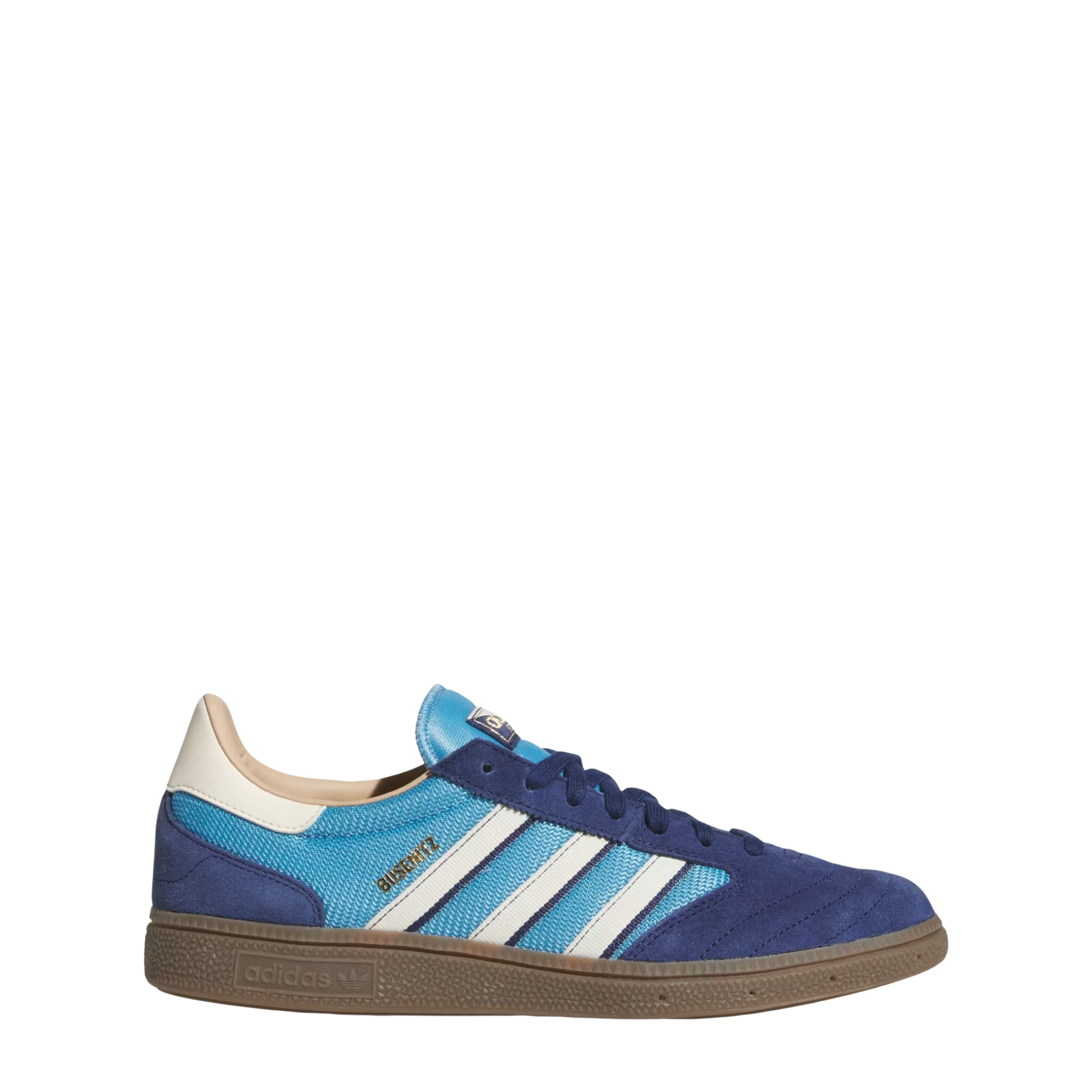 navy and bright blue adidas men's busenitz vintage skateboard shoes with white stripes and a gum sole on a white background
