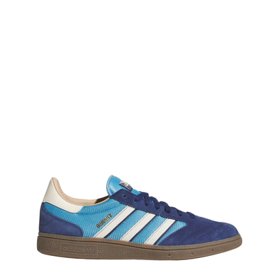navy and bright blue adidas men's busenitz vintage skateboard shoes with white stripes and a gum sole on a white background