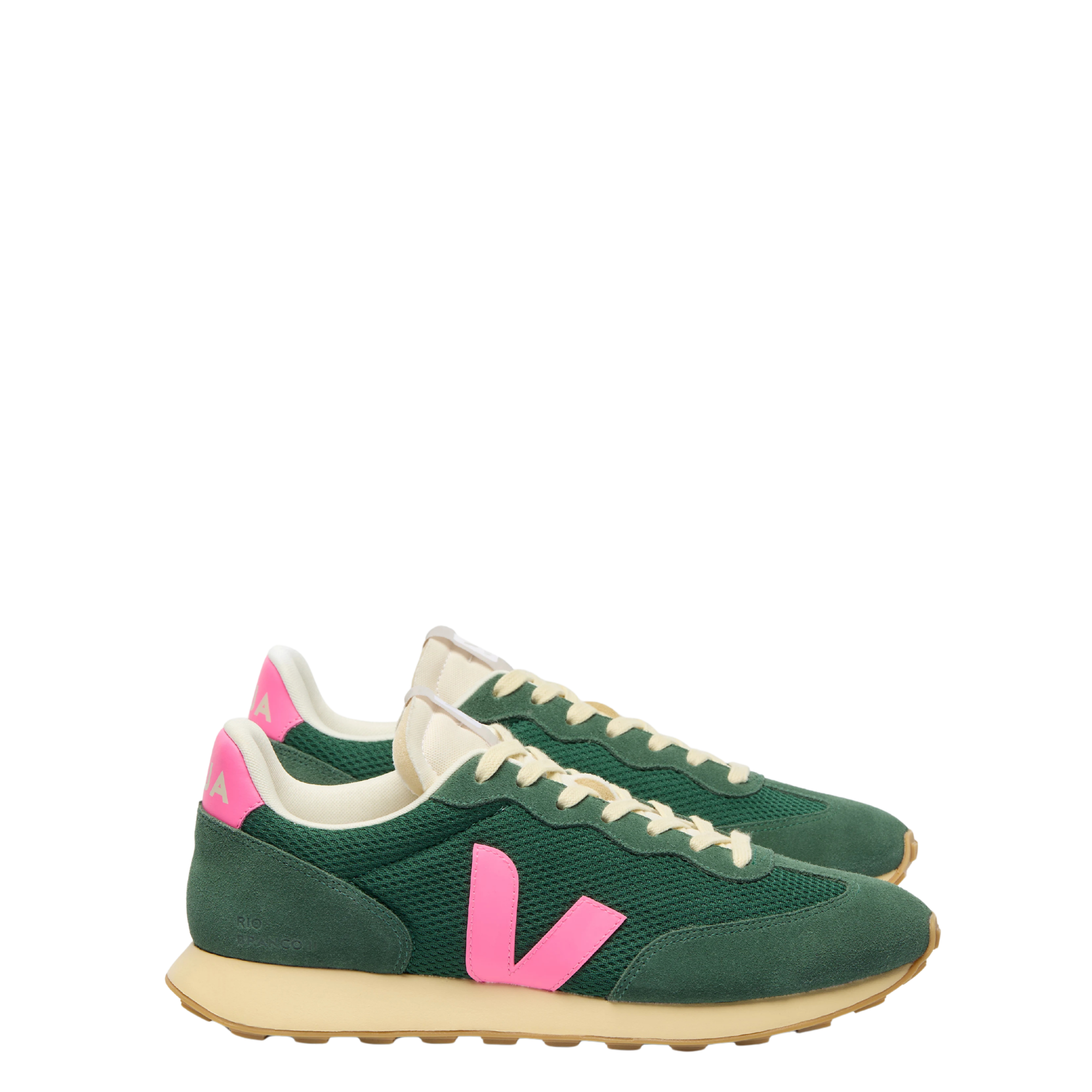 A pair of green Veja rio branco sneakers with a prominent pink 'V' logo on the side, cream laces and collar lining, and a beige gum sole, shown against a plain white background.