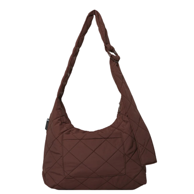 Brown quilted thread slouch shoulder bag on a white background