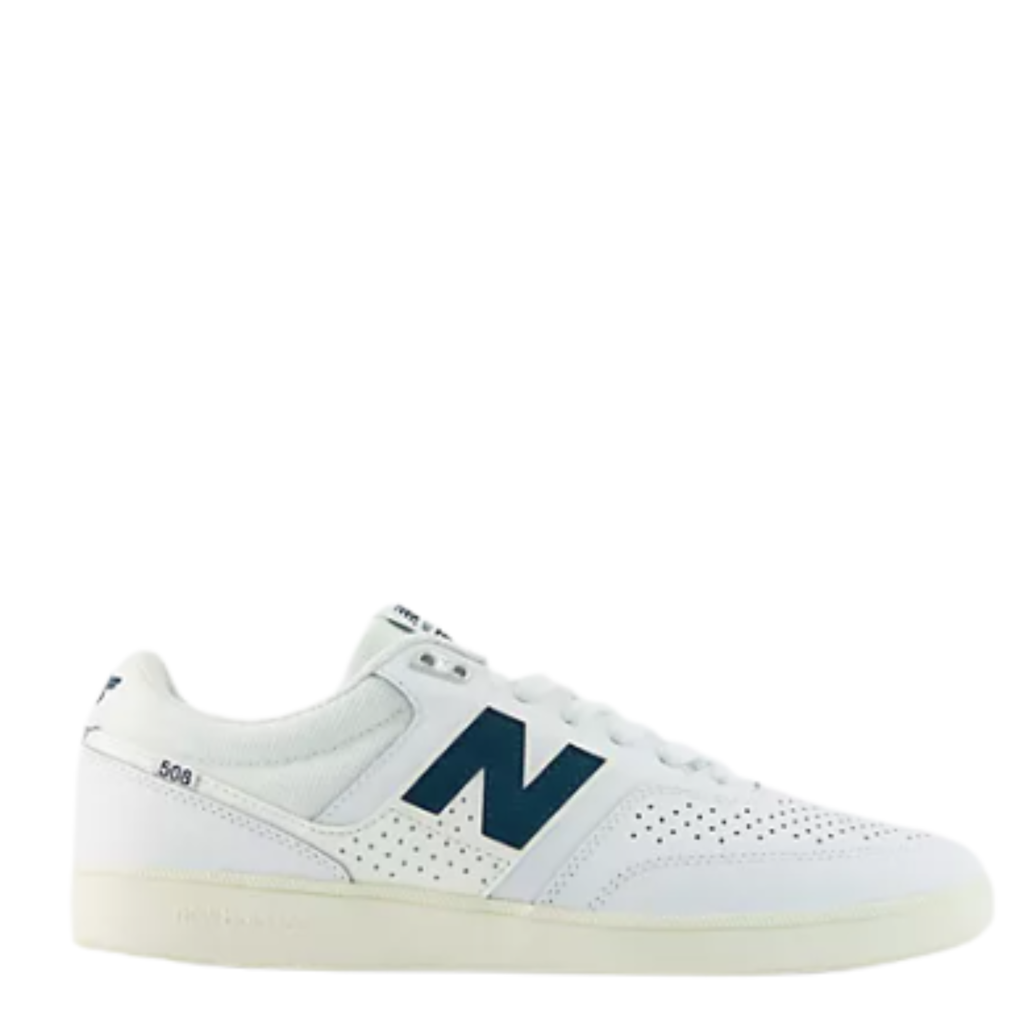 White new balance numeric brandon westgate 508 sneaker with a green 'N' logo on a white background