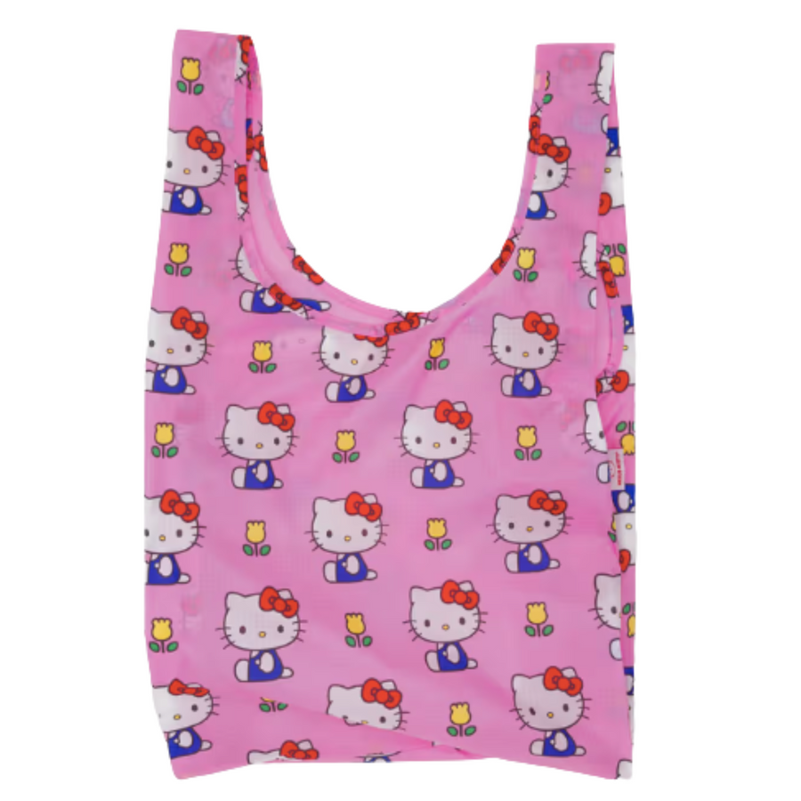 Pink reusable baggu standard tote bag with Hello Kitty pattern on a white background
