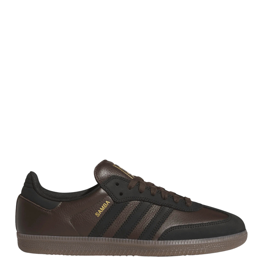 brown leather and suede men's adidas skateboarding adv sneaker with gum sole on a white background