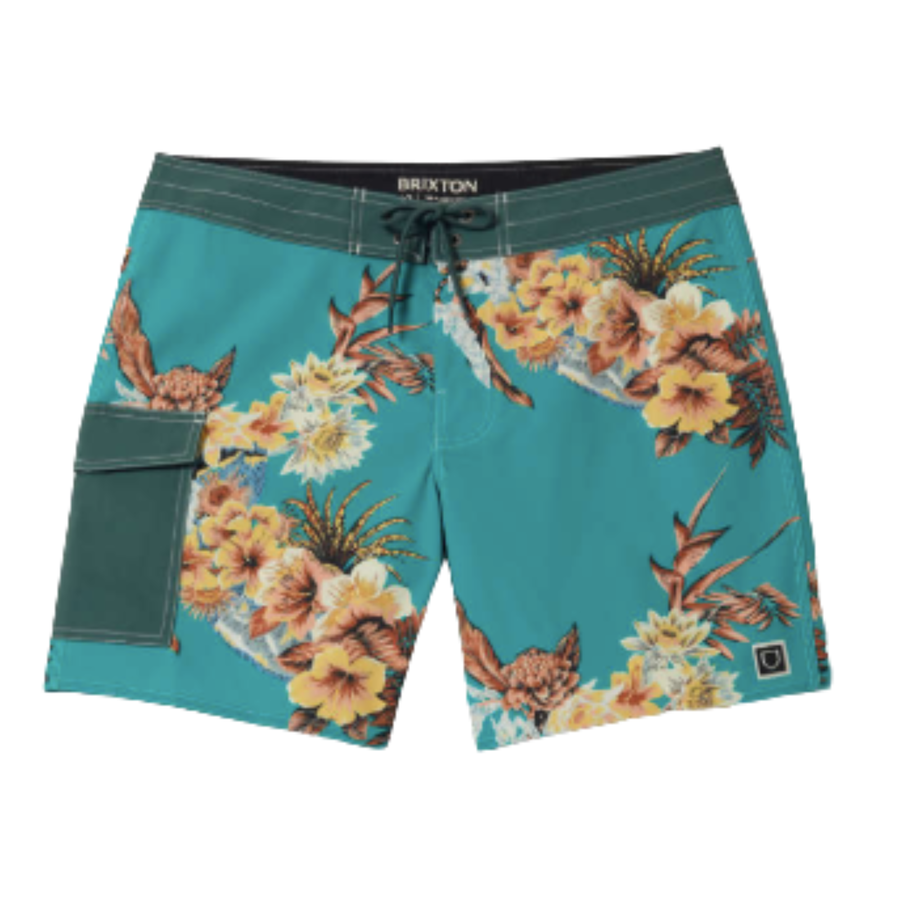 Floral patterned brixton classic men's swim trunks 17" shorts on a white background