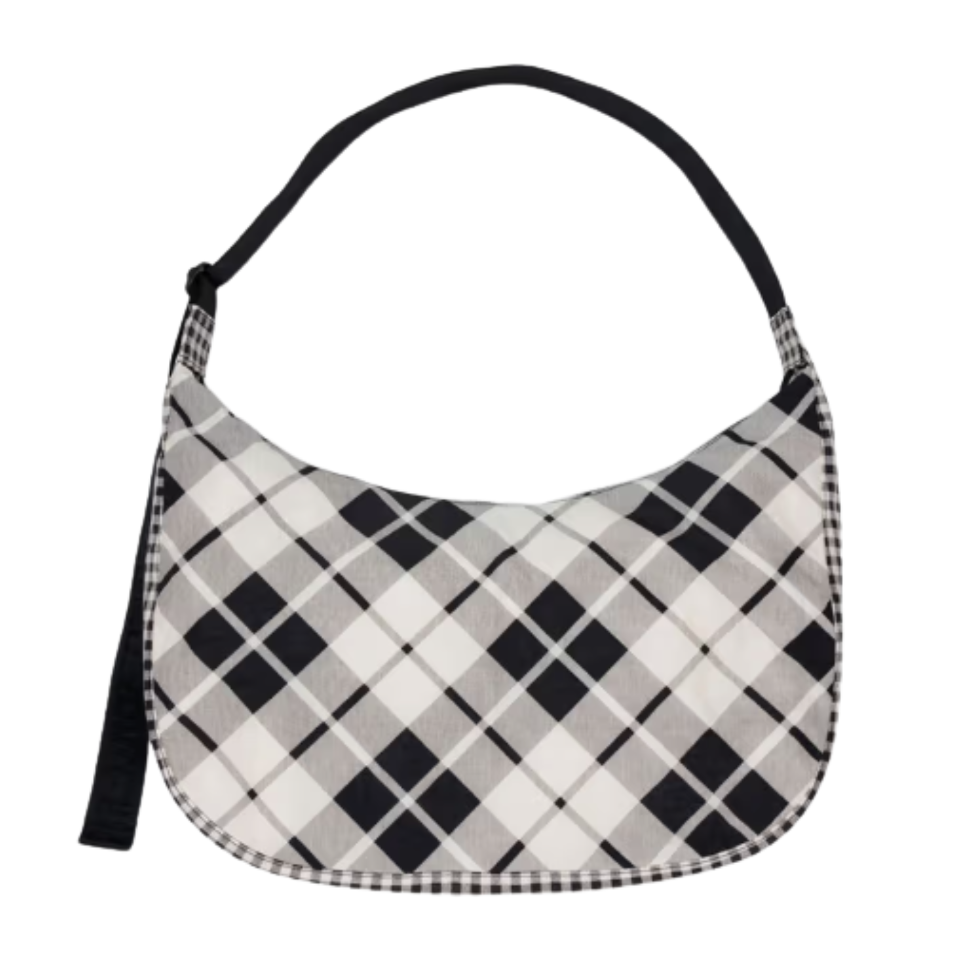 Plaid patterned baggu large nylon crescent handbag with black strap on a white background
