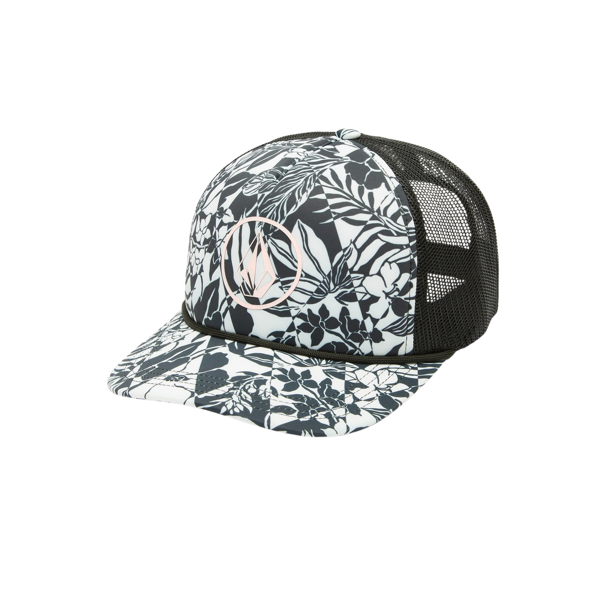 black and white volcom into paradise trucker hat with black mesh back on a white background