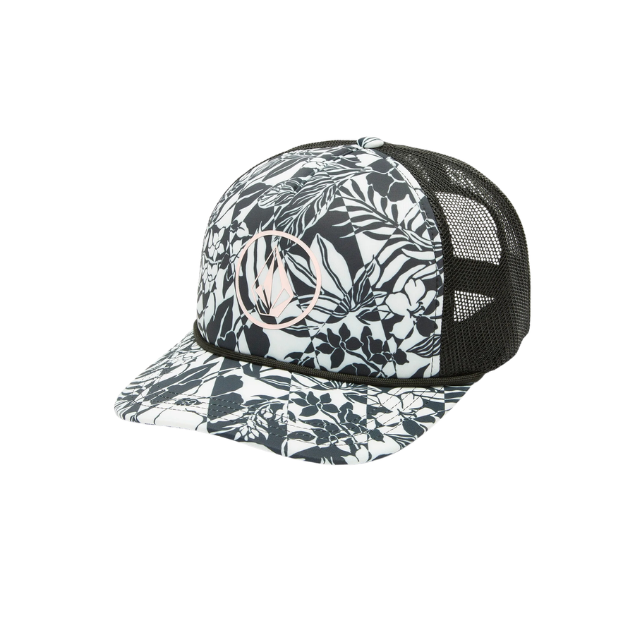 black and white volcom into paradise trucker hat with black mesh back on a white background
